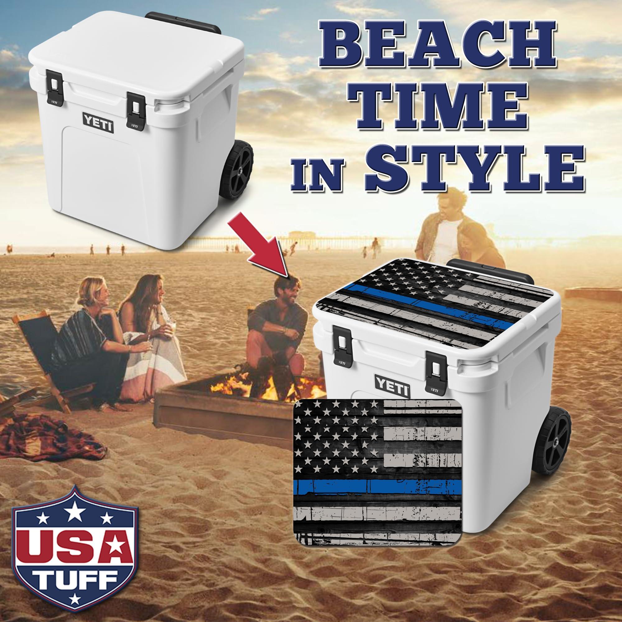 USATuff USATuff Vinyl Cooler Lid Kit Compatible with YETI 60 qt Roadie Wheeled | Easy Peel & Stick Application Cooler Skin Decal Wrap | Durable Pre-Cut Pieces | Made for Outdoor Use - Thin Blueline Flag