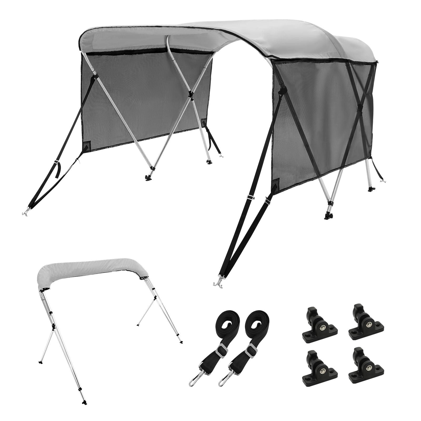 VEVOR VEVOR 3 Bow Bimini Top Boat Cover, Detachable Mesh Sidewalls, 600D Polyester Canopy with 1" Aluminum Alloy Frame, Includes Storage Boot, 2 Support Poles, 2 Straps, 6'L x 46" H x 61"-66" W, Light Grey