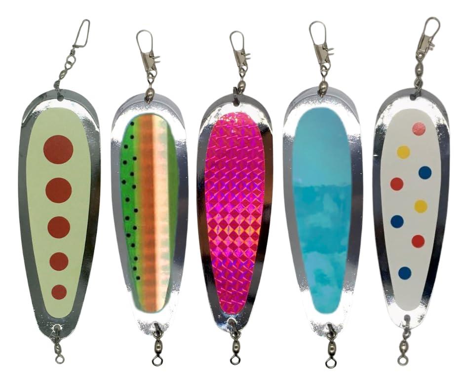 KOKOPROS KOKOPROS Kokanee Salmon Fabulous Five Finished Teardrop Fishing Flashers, 5-1/2" Length, Chrome, Multicolor 5 Pack - Salmon Fishing Tackle - Durable Metal Construction - Hyperglow Finish