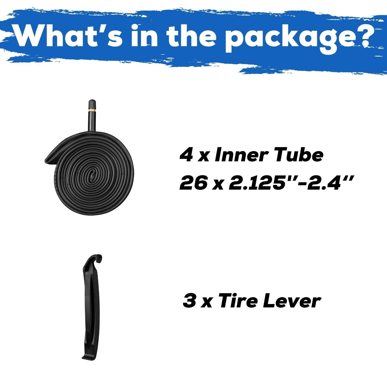 corki Corki Cycles 26 Inch Mountain Bike Inner Tube 4-Pack, Bike Tube 26 x 2.125 2.2 2.25 2.3 2.35 2.4 Standard Schrader Valve 32mm - Heavy Duty Butyl Rubber Bike Tire Tube