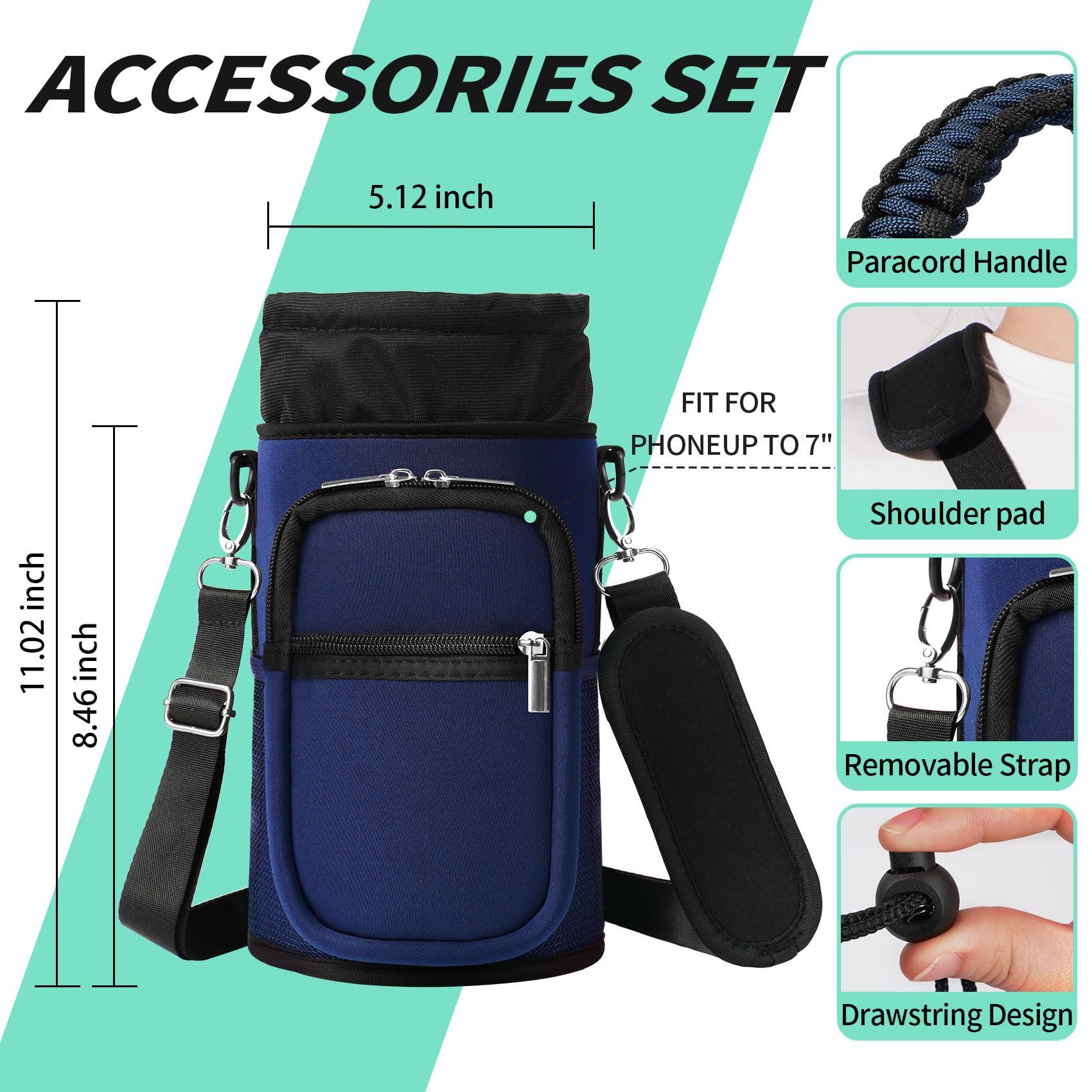 AceTreker AceTreker 64/128 oz Water Bottle Carrier Bag, Insulated Half Gallon Water Bottle Sleeve with 5 pocket, Sport Water Flask with Paracord Handle and Shoulder Strap for Walking Hiking Camping Gym-Navy