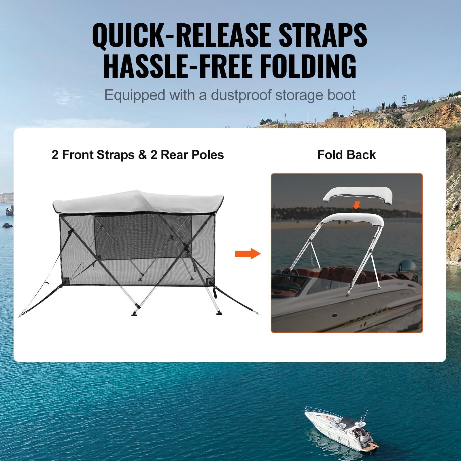 VEVOR VEVOR 3 Bow Bimini Top Boat Cover, Detachable Mesh Sidewalls, 600D Polyester Canopy with 1" Aluminum Alloy Frame, Includes Storage Boot, 2 Support Poles, 2 Straps, 6'L x 46" H x 61"-66" W, Light Grey