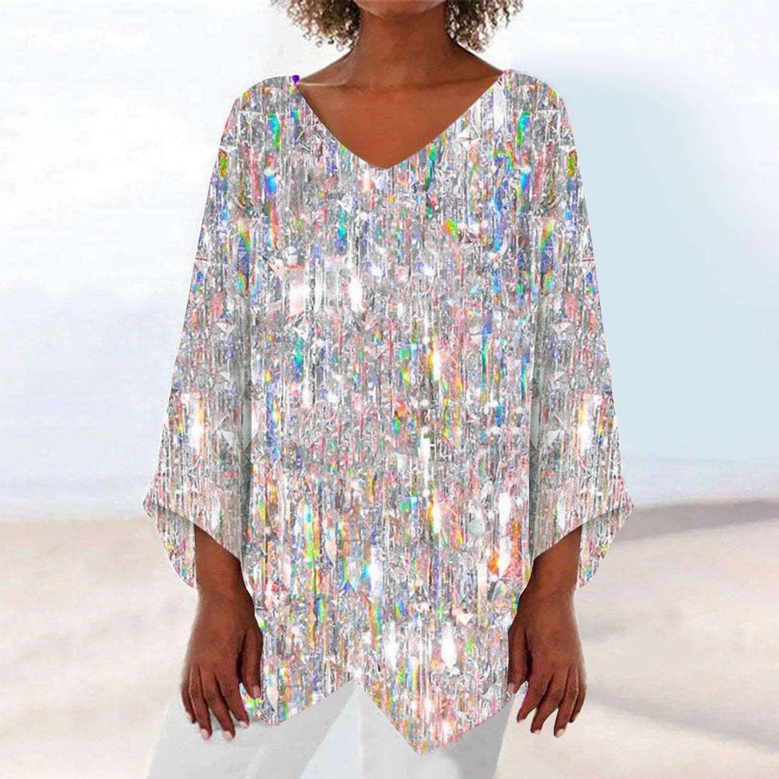 SGHOEGU Womens Plus Size Long Sleeve Sparkly Shirt Casual V Neck Loose Graphic Pullover Tunic Top Glitter Sequin Print Blouse Plus Size Glitter Top Shimmer Shirts for Women White