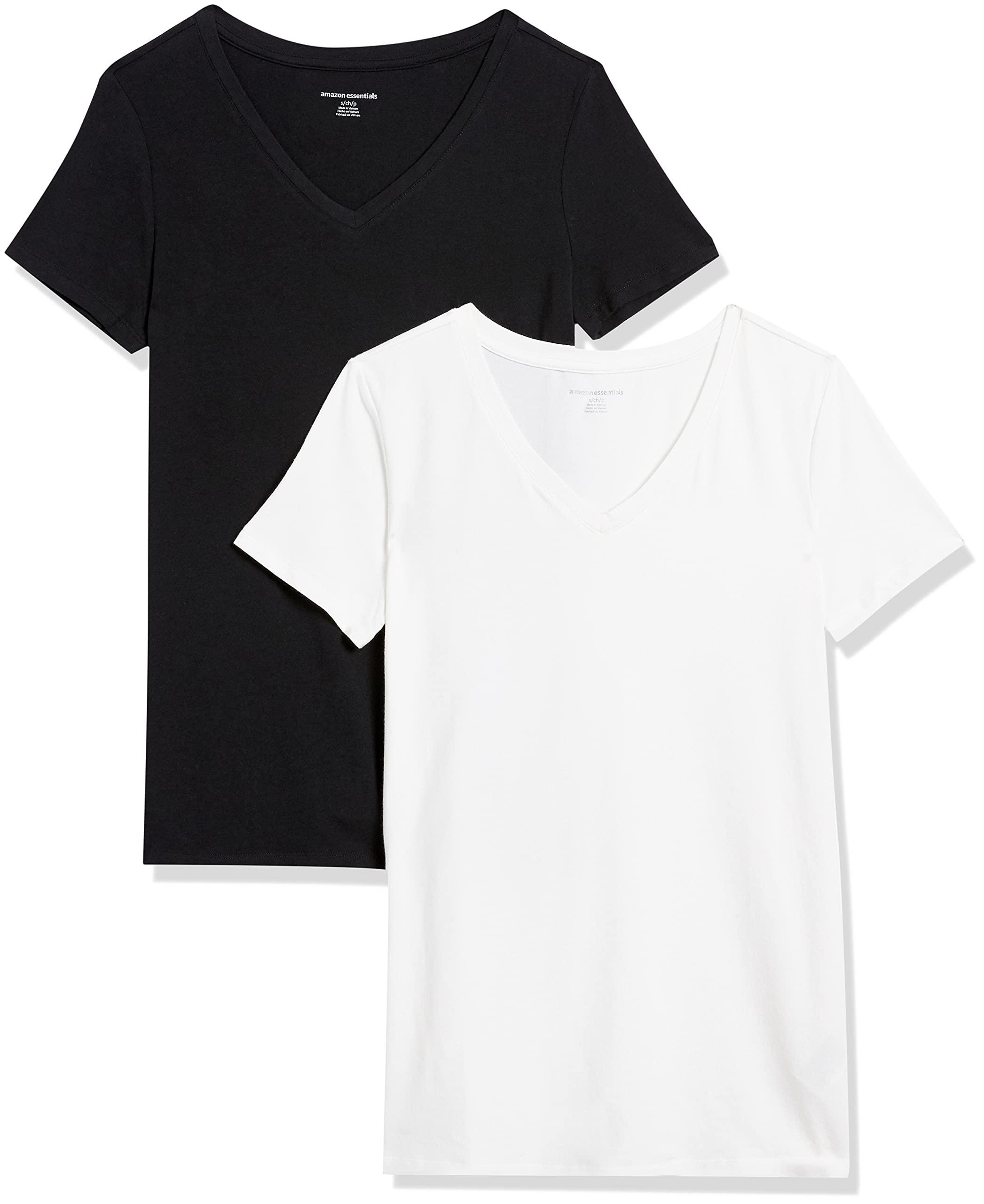 Amazon Essentials Amazon Essentials Women's Classic-Fit Short-Sleeve V-Neck T-Shirt, Pack of 2, Black/White, Small