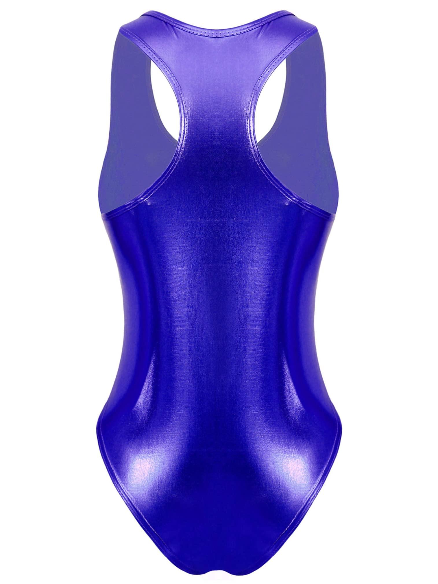 easyforever easyforever Women's Shiny Metallic One Piece Swimsuit Front Zipper Swimwear High Cut Thong Leotard Bodysuit Royal Blue One Size