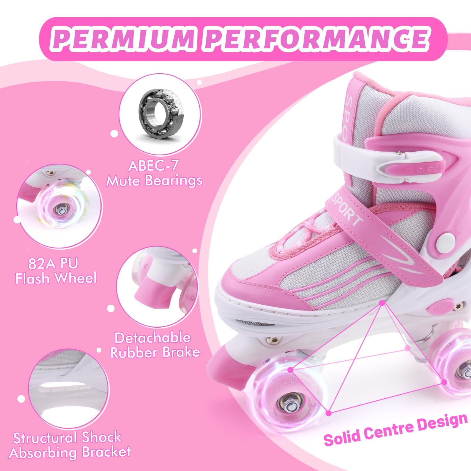 LEJIJIT LEJIJIT Girls Roller Skates for Kids Child Beginners, Adjustable 4 Sizes Quad Roller Skates Pink & White for Kids and Youth with Light Up Wheels for Sports (Large 4-7 US)