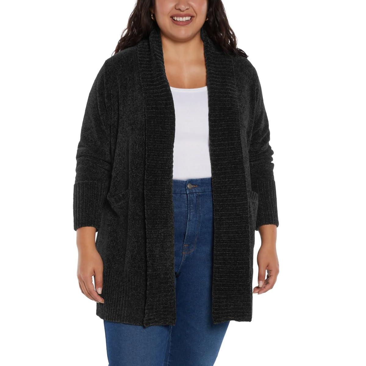 Orvis Orvis Womens Cardigan Sweater Chenille Pockets Soft Open-Front Midweight (Black,Medium)