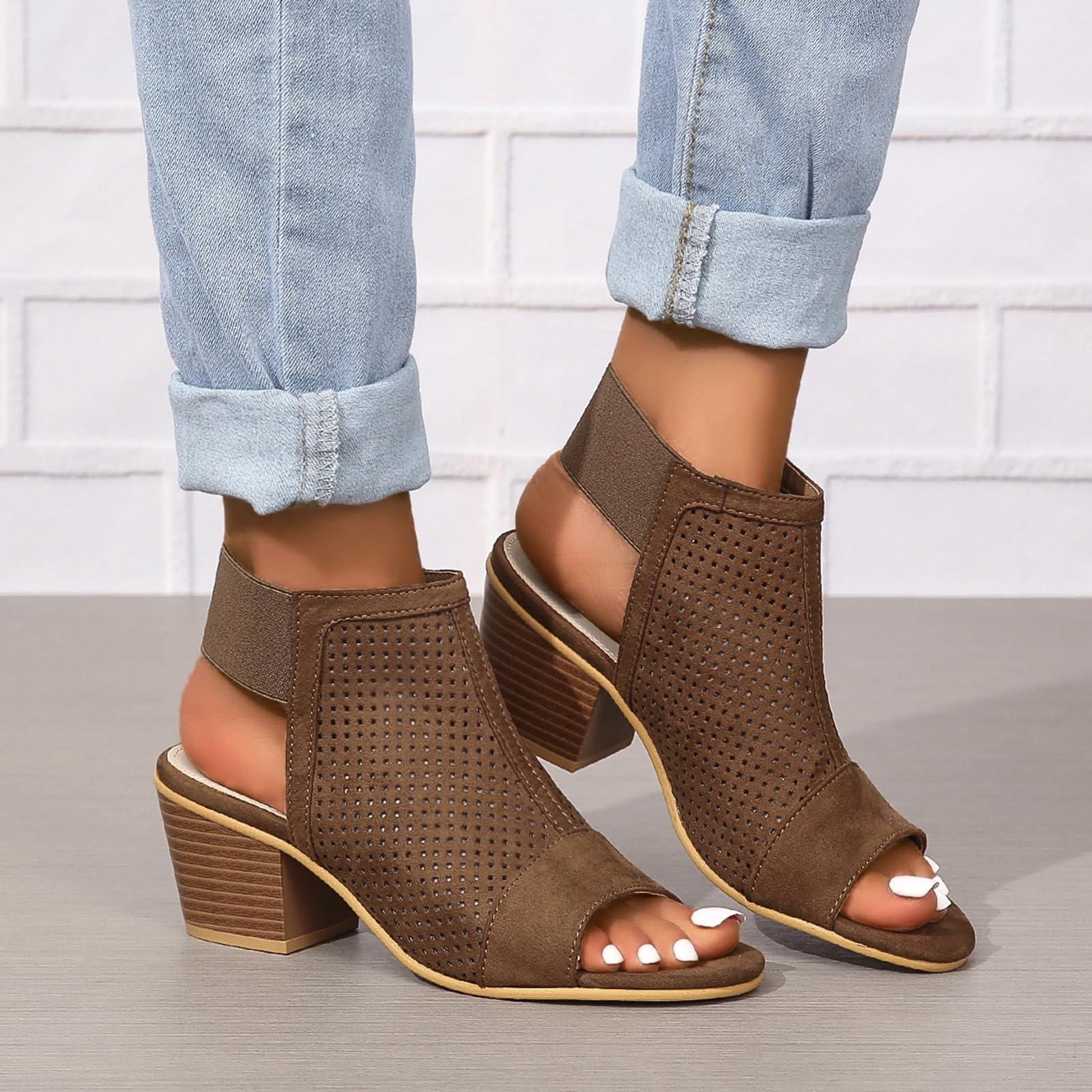 NineFit Basics Women Peep Toe Booties Open Toe Boots Cutout Ankle Strap Mid Black Chunky Heel Block Sandals