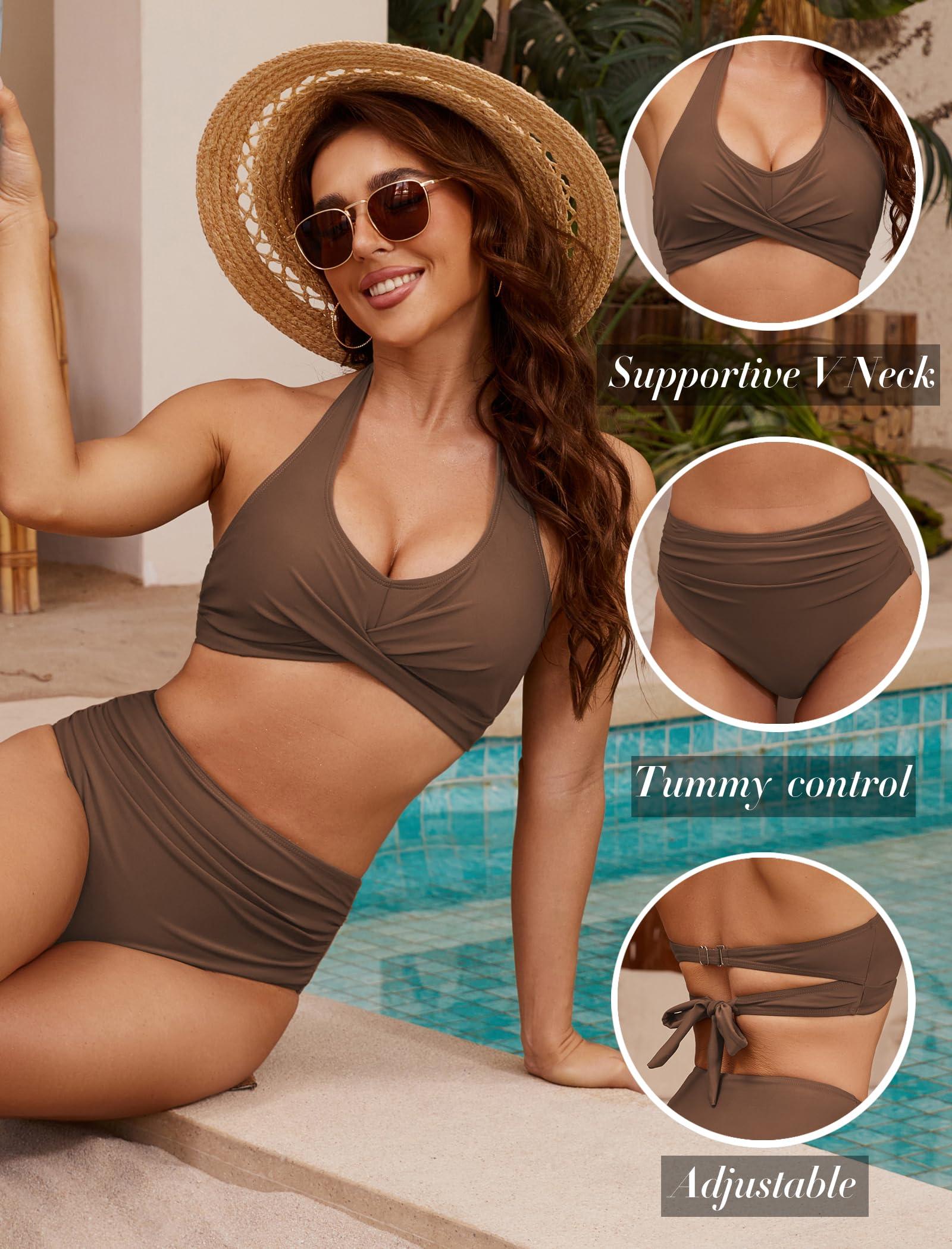 ZAFUL ZAFUL Womens High Waisted Bikini Sets Two Piece Swimsuits Curvy Tummy Control Bathing Suits Halter V Neck Swimwear Coffee S
