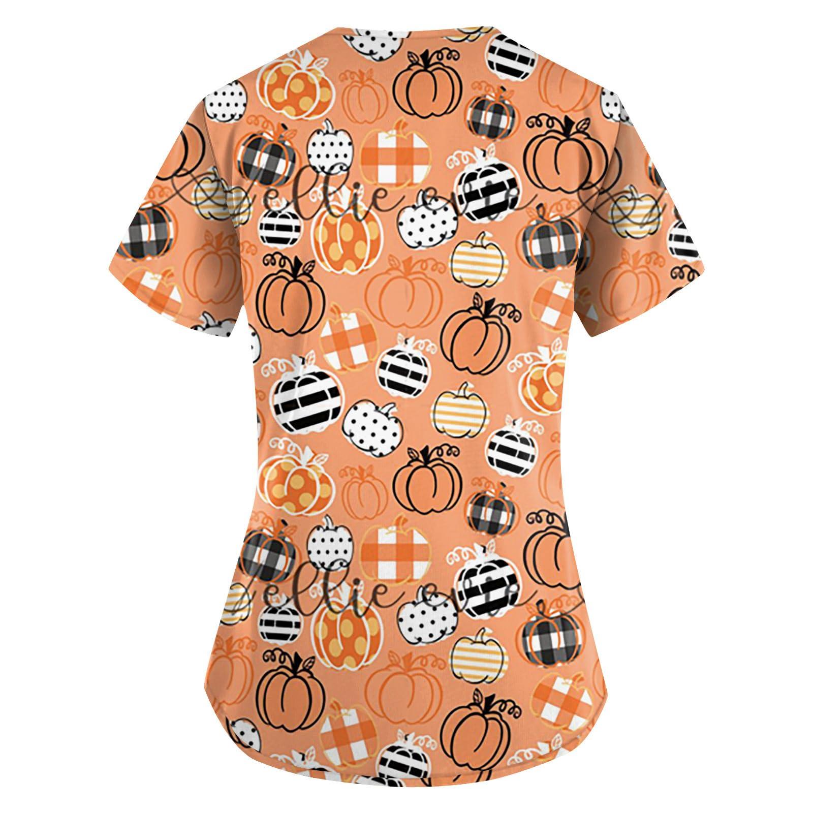NineFit Basics Halloween Scrub Tops Women Cute Cartoon Pumpkin Print V Neck Short Sleeve Shirts Stretchy Nurse Uniform with Pockets Plus Size Medical Scrubs Caregiver Work Tops Halloween Costumes(G-Pink,X-Large)