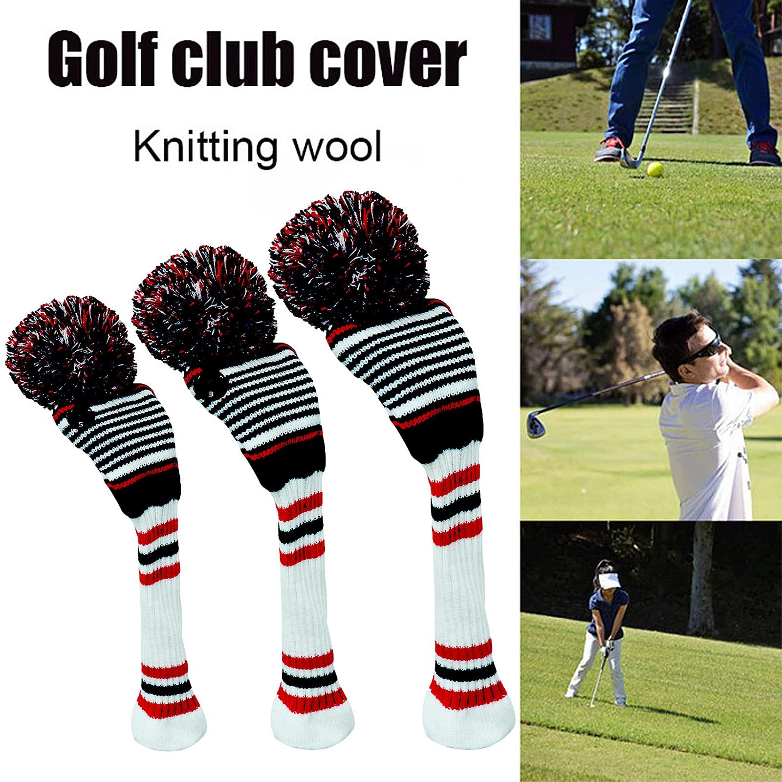 Amy Sport Golf Head Covers Knitted Woods Driver Fairway Hybrid Pom Pom Cover Washable Soft Kint Headcover 1 3 5 for Men Women Kids Sold in Separate (White&Black&Red Stripes, #1 Driver)