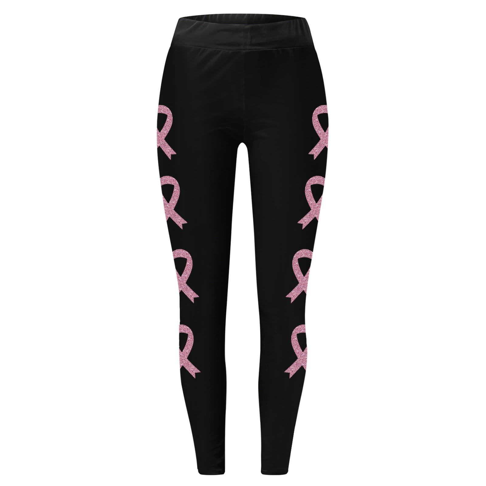NineFit Basics Pink Ribbon Breast Cancer Awareness Leggings for Women - High Waisted Yoga Pants with Tummy Control - Stretchy Athletic Tights