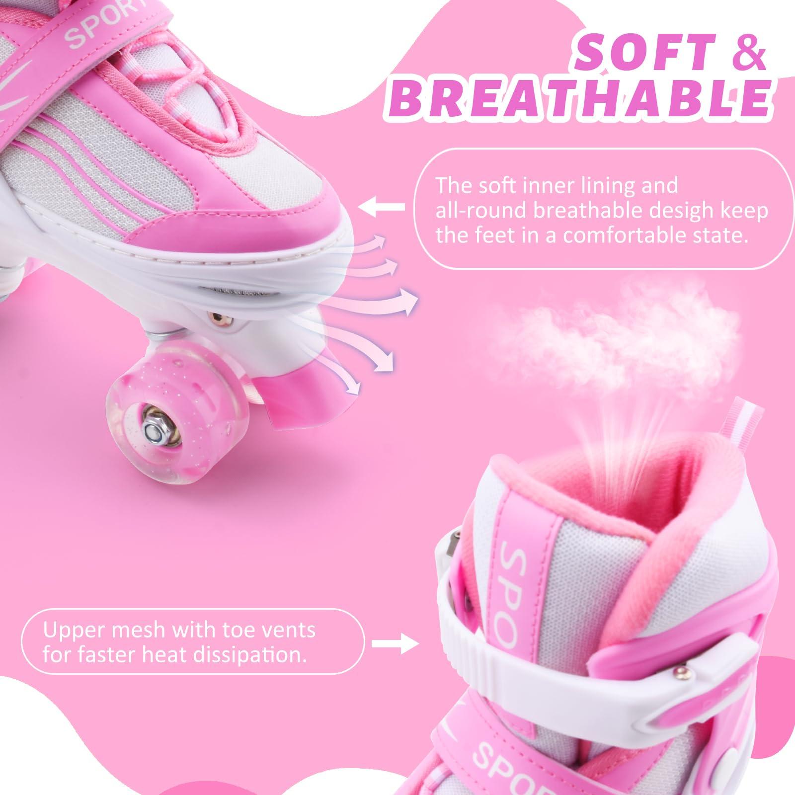 LEJIJIT LEJIJIT Girls Roller Skates for Kids Child Beginners, Adjustable 4 Sizes Quad Roller Skates Pink & White for Kids and Youth with Light Up Wheels for Sports (Large 4-7 US)