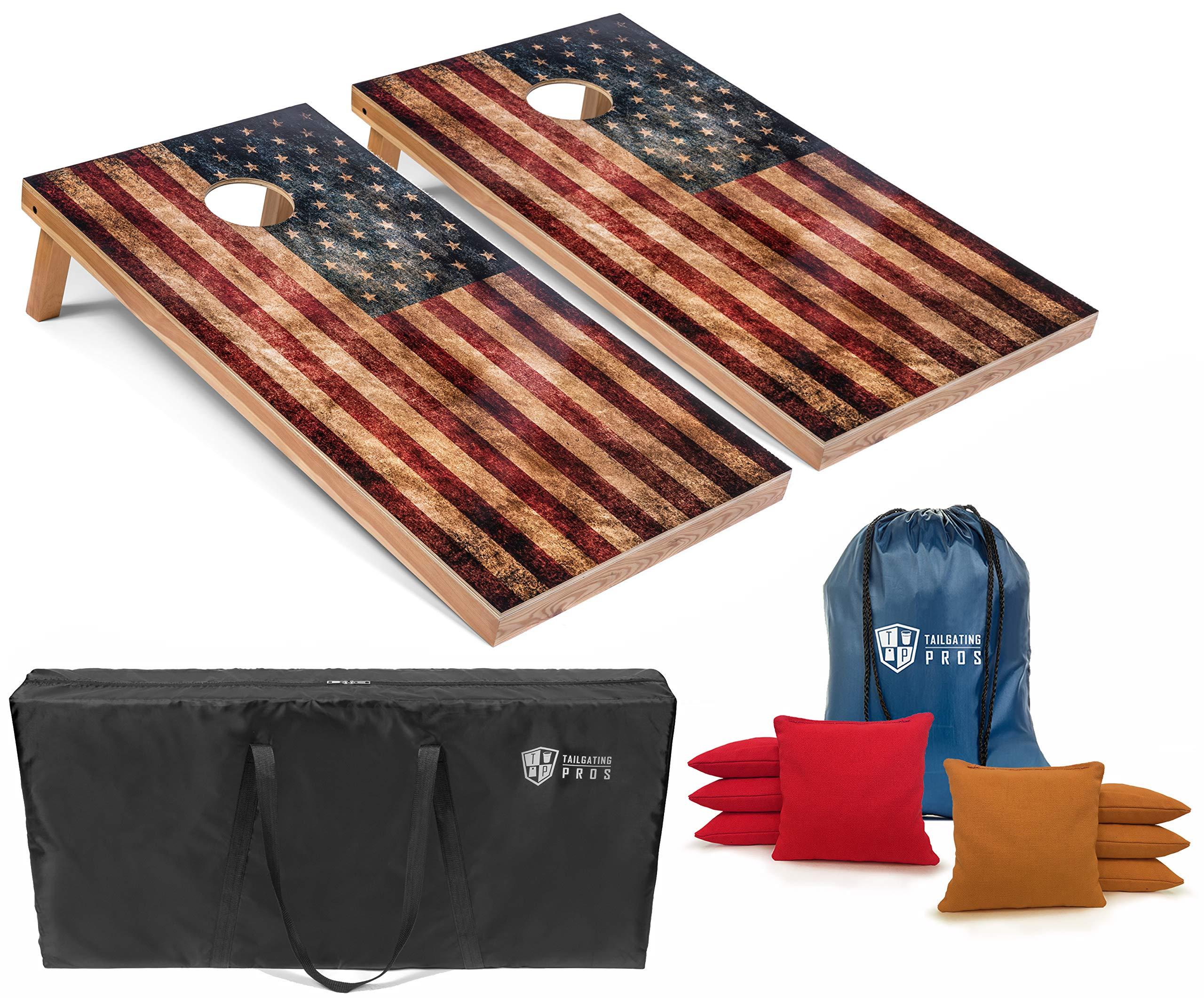Tailgating Pros Tailgating Pros Rustic American Flag Cornhole Boards w/Bean Bags - 4\'x2\' Distressed Flag Cornhole Game w/Carrying Case & Corn Hole Bags