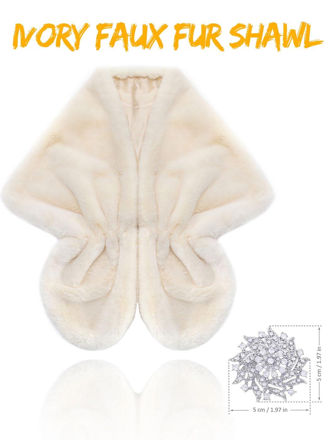 Zehope Zehope Wedding Faux Fur Shawl Wrap Winter Stole Shrug Bridal Evening Cape Scarf Cover Up for Bride and Bridesmaids (Ivory)