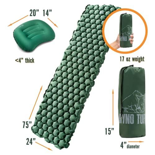 Ryno Tuff Ryno Tuff 24 x 75 in Lightweight Inflatable Camping Sleeping Pad & Camping Pillow Set - Ultralight Insulated Nylon Hiking & Backpacking Travel Gear for Adults - Waterproof Packable Floor Sleeping Mat