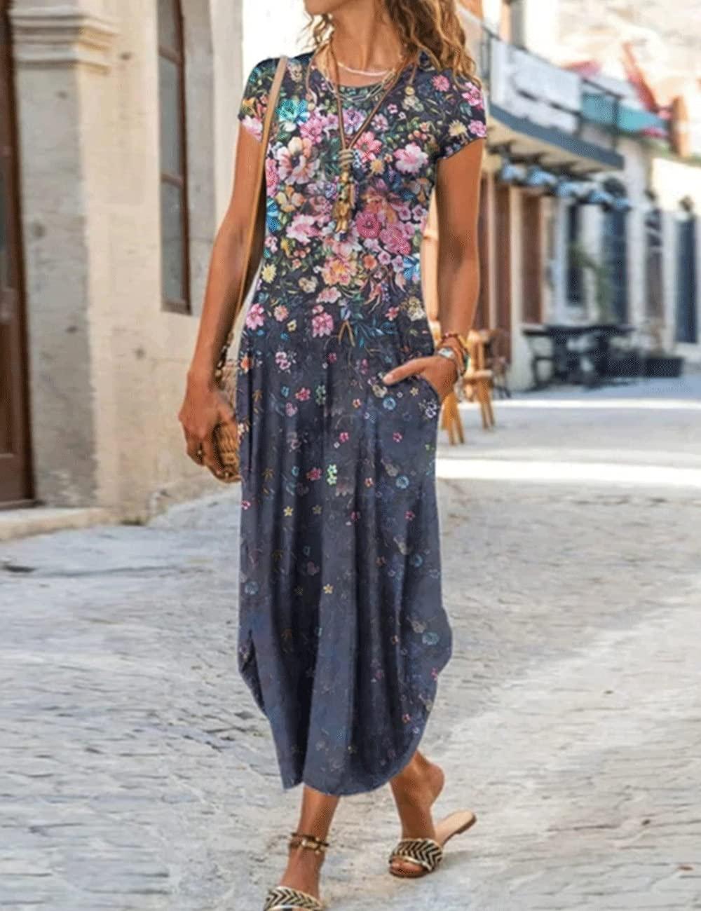 AHAIJ AHAIJ Women Summer Casual Maxi Dress Floral Printed Loose Pockets Short Sleeve Split Boho Dresses (Dark Blue,XX-Large)