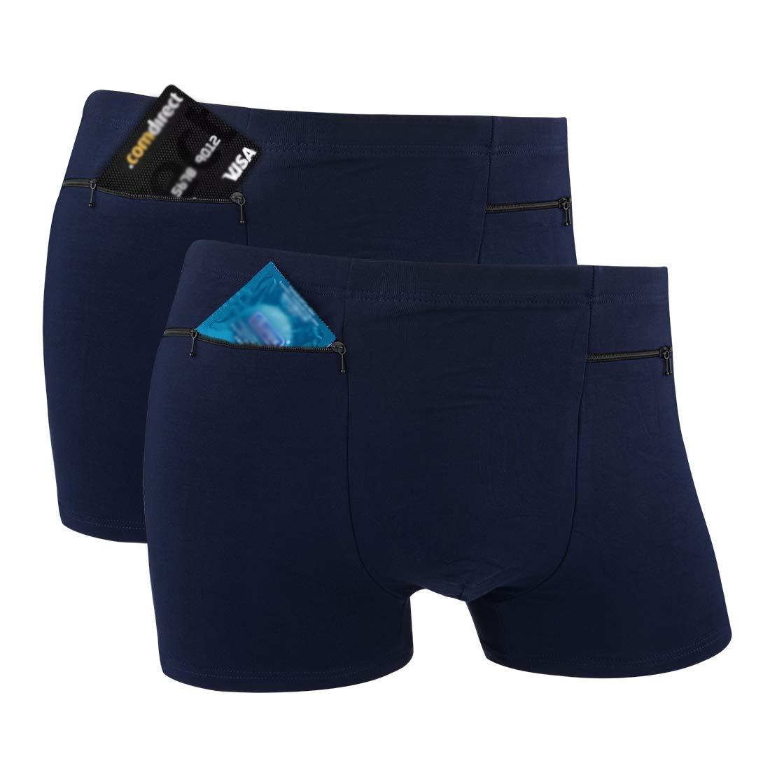 H&R Pocket Underwear for Men with Secret Hidden Pocket, Travel Stash Boxer Brief, XX-Large Size 2 Packs (Dark Blue)