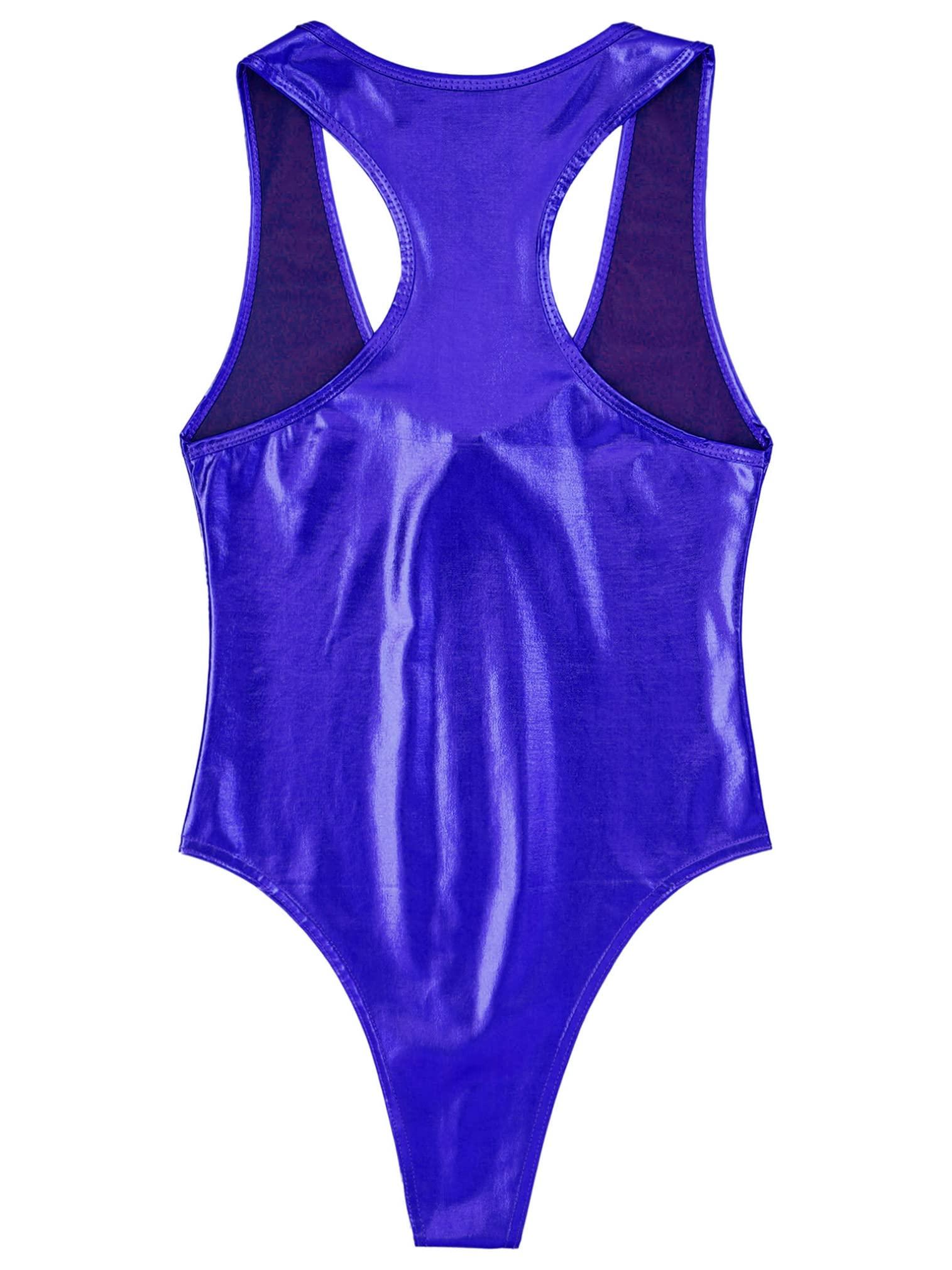 easyforever easyforever Women's Shiny Metallic One Piece Swimsuit Front Zipper Swimwear High Cut Thong Leotard Bodysuit Royal Blue One Size