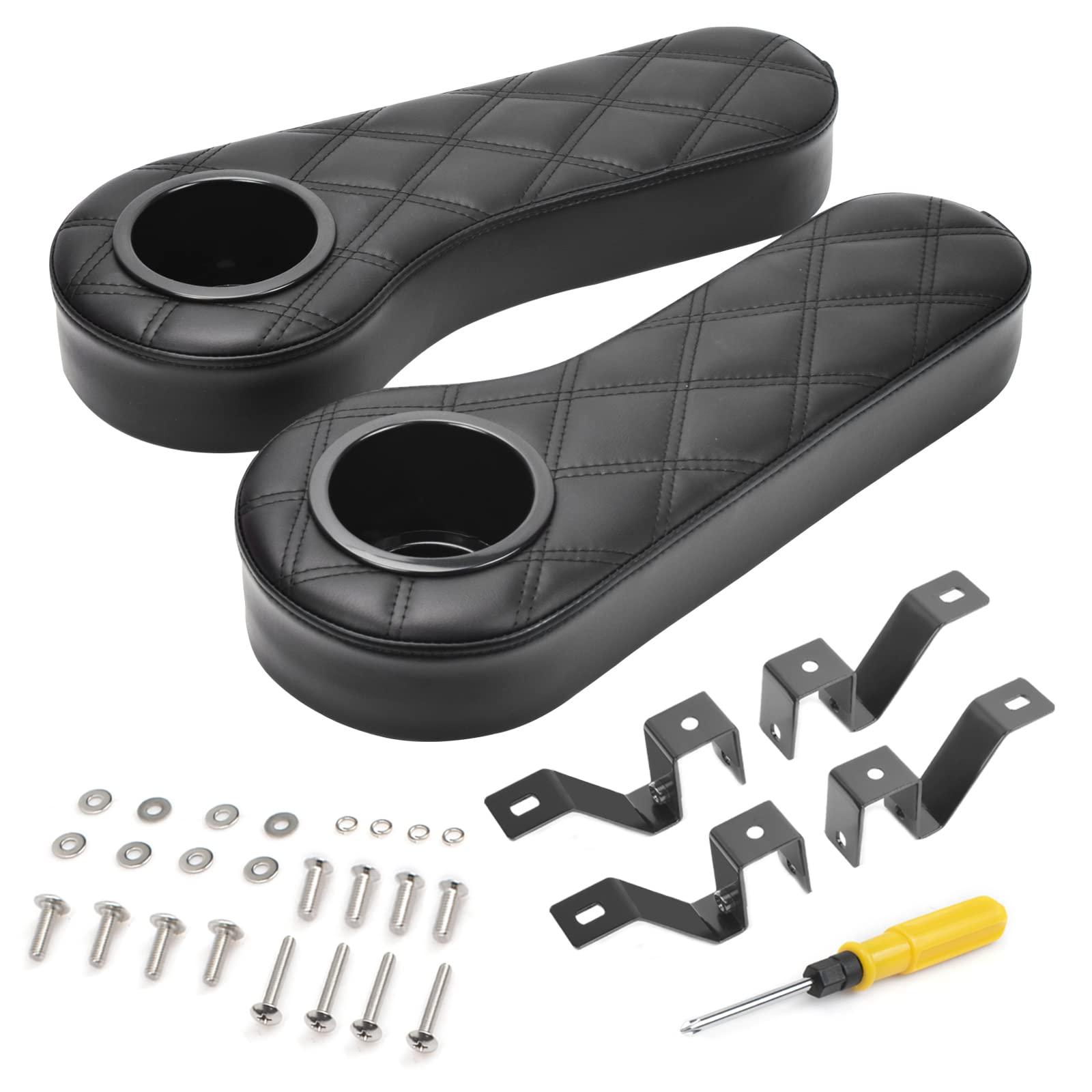 NOKINS NOKINS Golf Cart Diamond Armrest with Cup Holder No Drilling Required for Club Car EzGo Yamaha Rear Seat Kit Fits 1-inch Square Tube Black (Black Stitching)
