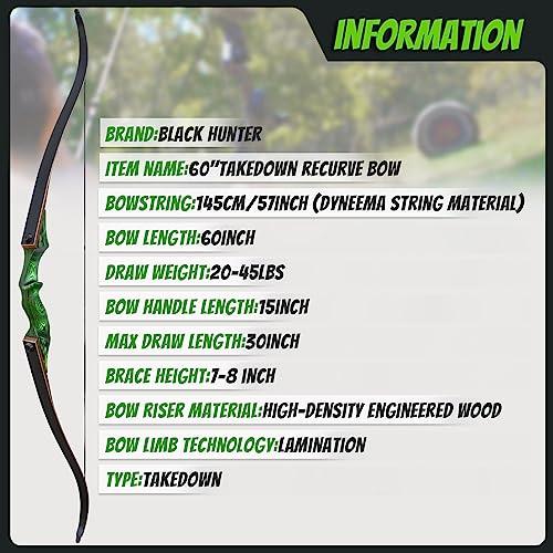 HANDBAIGE Black Hunter 60\" Takedown Archery Recurve Bows for Adults Solid Wood Bow Riser and Glass Fiber Bamboo Maple Laminated Bow Limbs 20-60lbs Hunting Bows for Men and Women Right Hand Recurve Bow Set