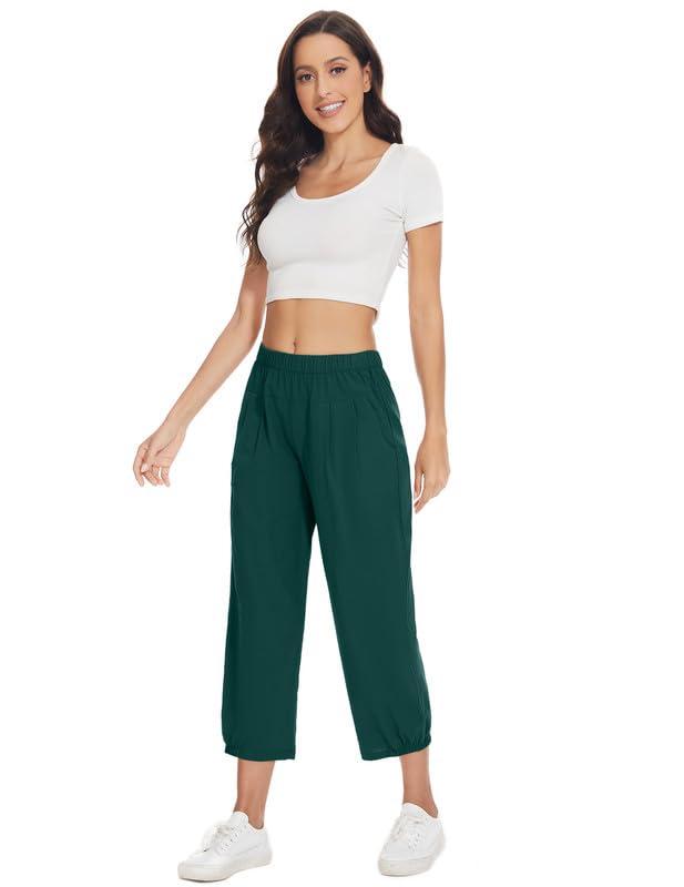 WROLEM Women\'s Capri Yoga Pants Loose Soft Workout Causal Lounge Pants Pockets Dark-Green Small