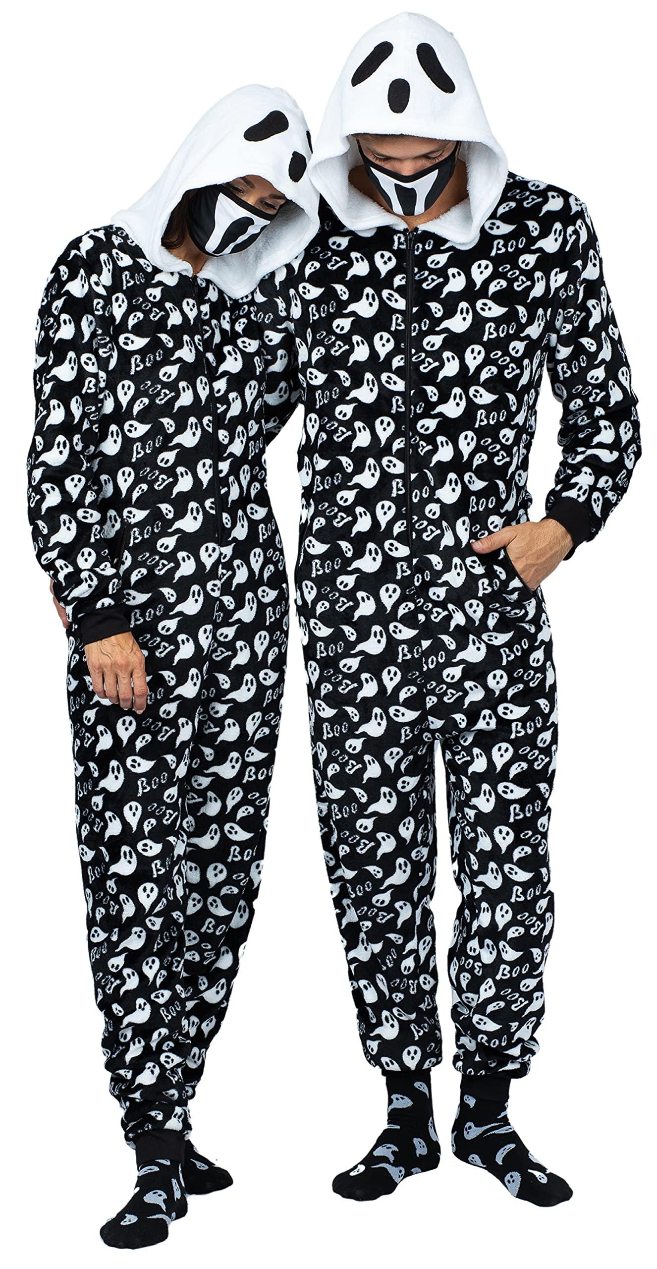 Prestigez Prestigez Holiday Matching Couples Costume Pajama Onesie With Socks and Mask, Ghost, Devil, and Skeleton, Black - Ghost, Size M