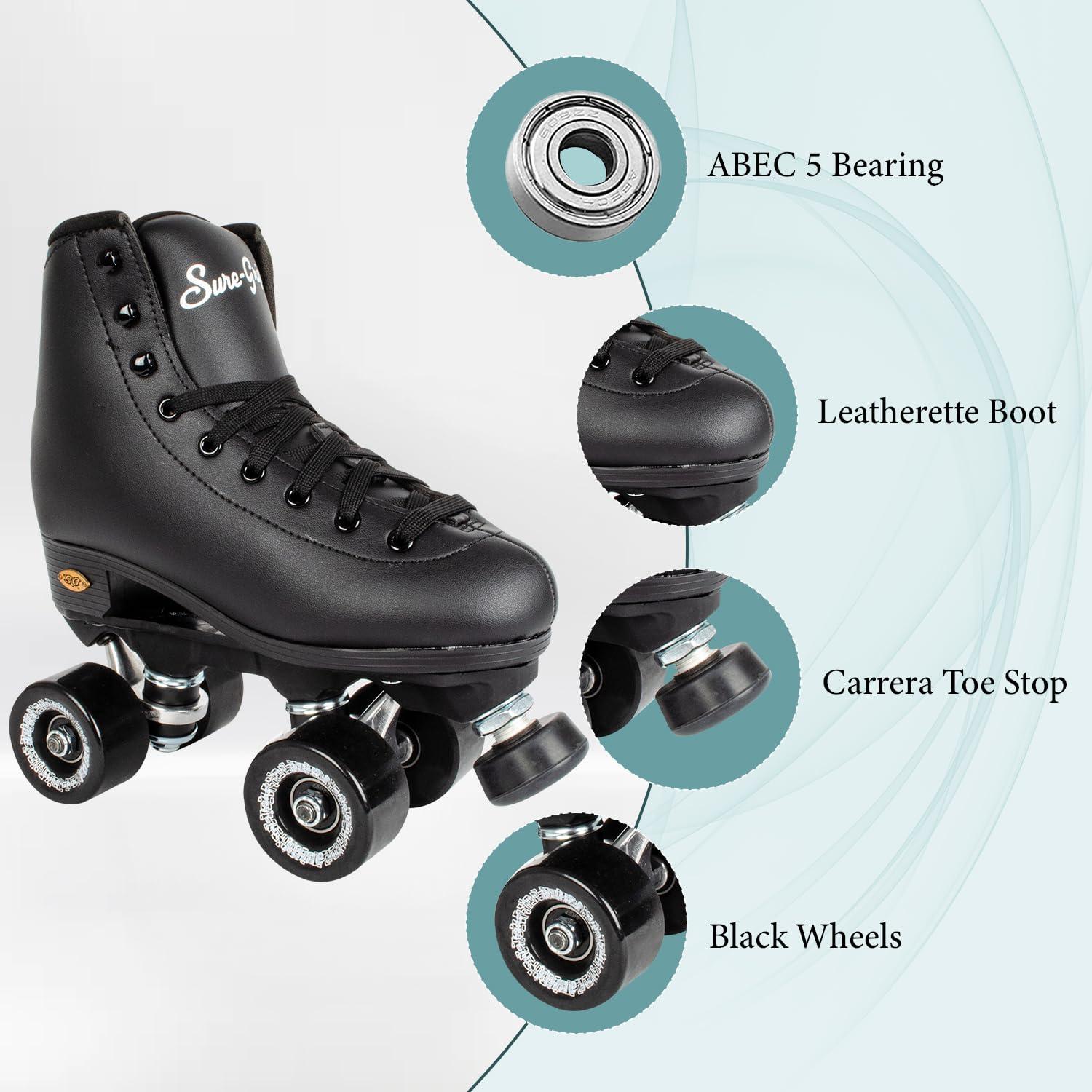 Sure-Grip Sure Grip Fame Men & Women Premium Roller Skates Black Leatherette | Stylish Skates for Indoors - Double Structure, Stronger Grip, Extra Long Laces - Suitable for Beginners