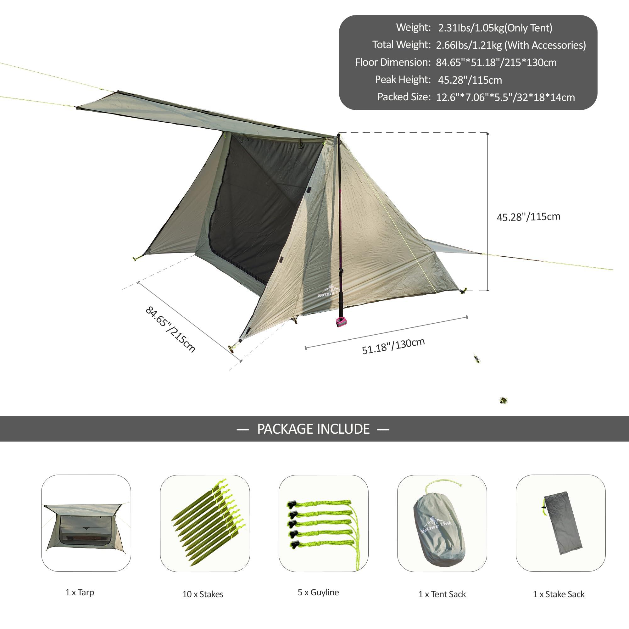 Nature Link Nature Link Sirius Two Ultralight Backpacking Tent, 2 Person Trekking Pole Backpacking Tent, Waterproof, Compact, Single Wall, Bushcraft Shelter for Backpacking, Camping, Hiking, Kayaking