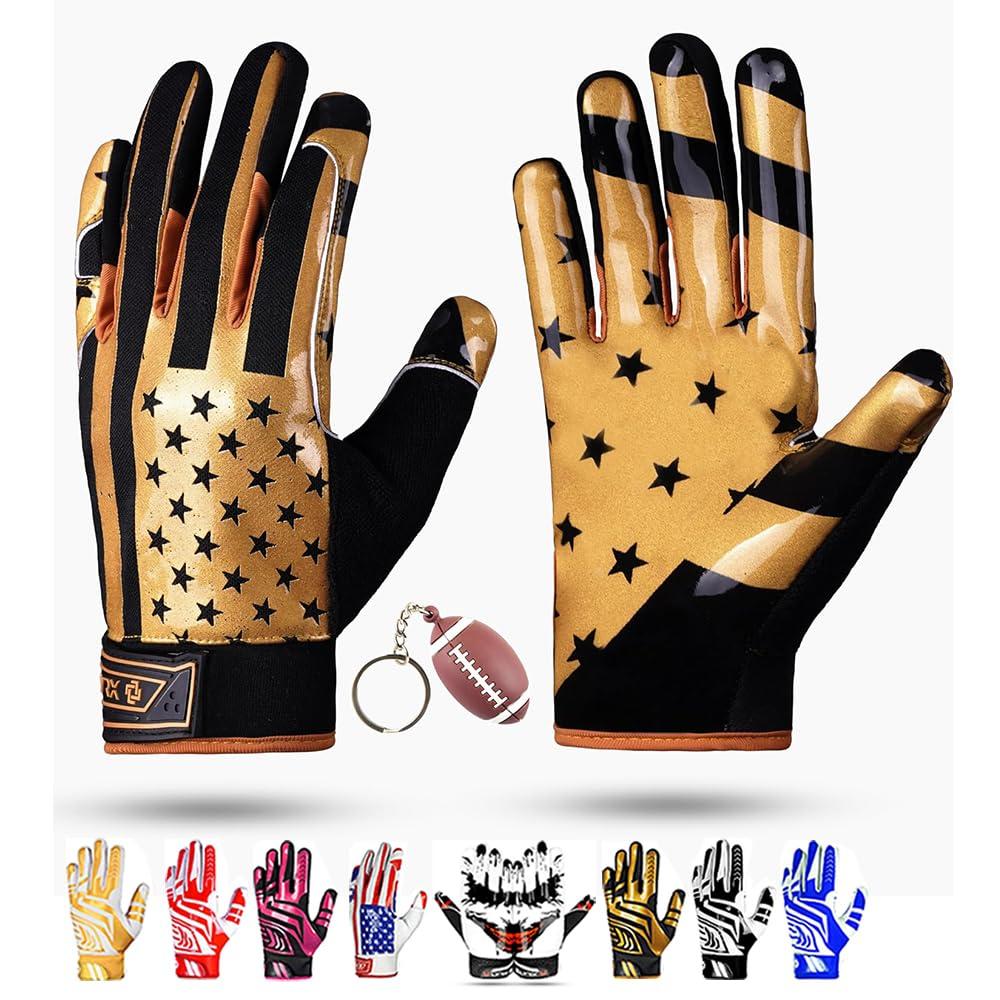 LYRX LYRX Professional Football Receiver Gloves with Optimal Silicone Palm Non-Slip Grip Control Ultra-Stick Sports Lightweight Glove and Precision Fit (Black-Gold Flag, Adult XL (7.8"))