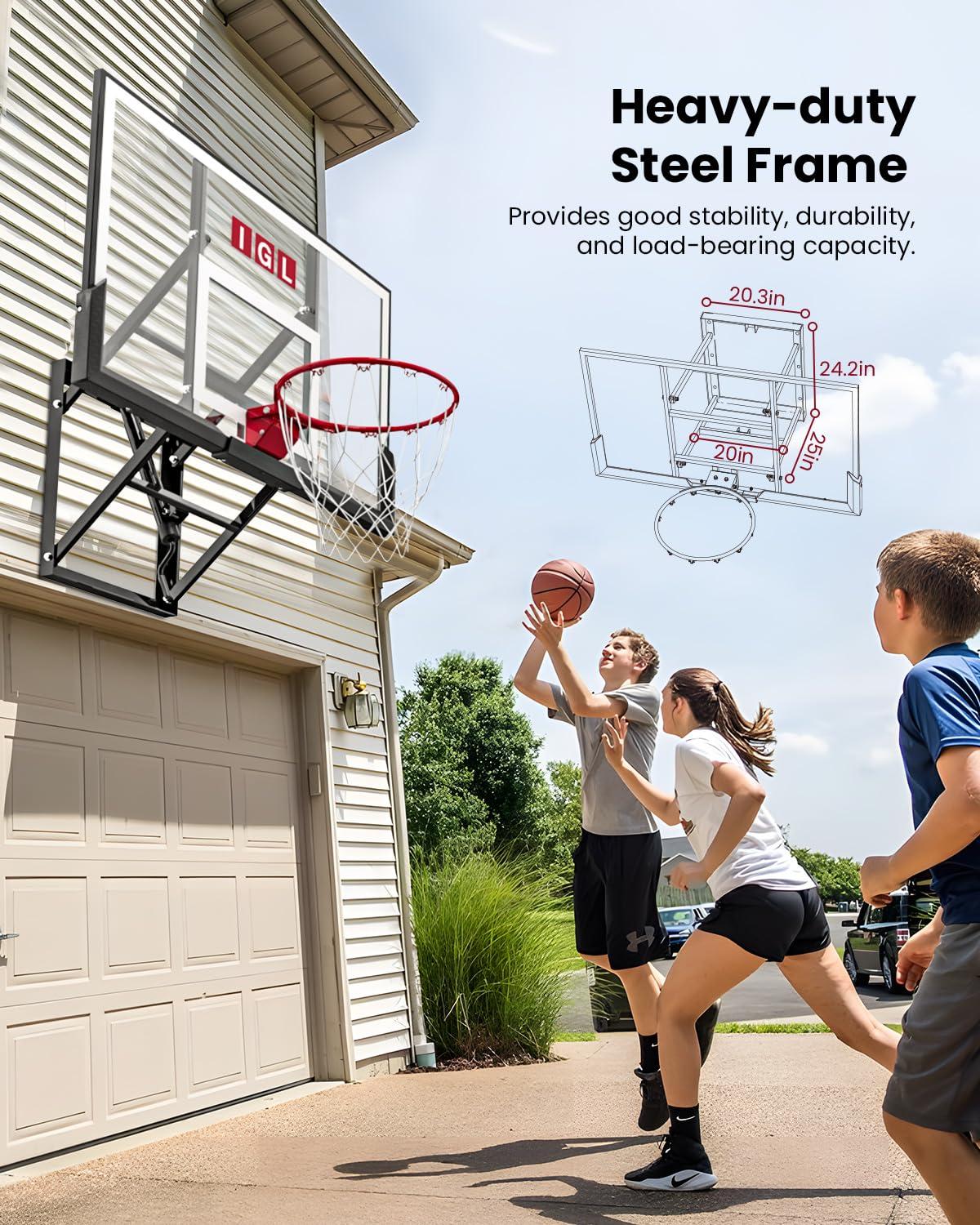 IGL IGL Wall Mount Basketball Hoop, 54in Basketball Hoop Outdoor with Shatterproof Backboard, 7.5ft-10FT Height Adjustable,Heavy Duty Breakaway Rim Combo Fit Most Slanting Roofs