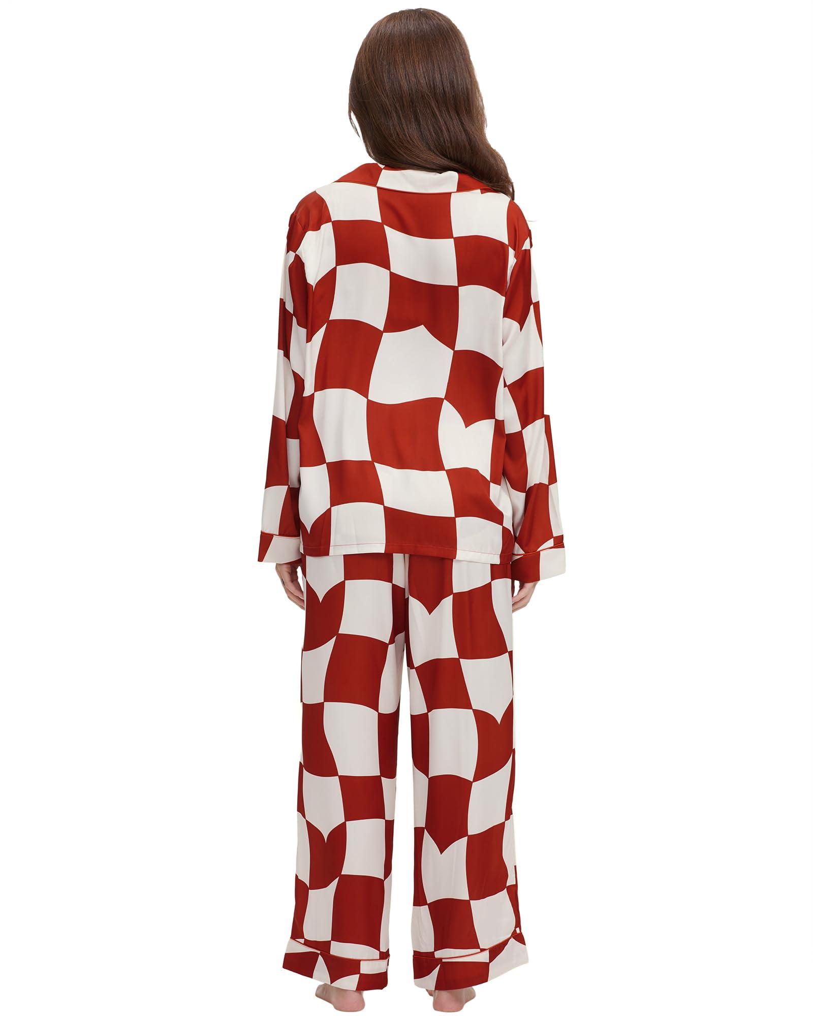 YiNi LuLu YiNi LuLu Womens Silk Satin Pajamas Set Button Down 2 Piece Pjs Set For Women Long Sleeve Oversized Sleepwear with Pockets Red Plaid