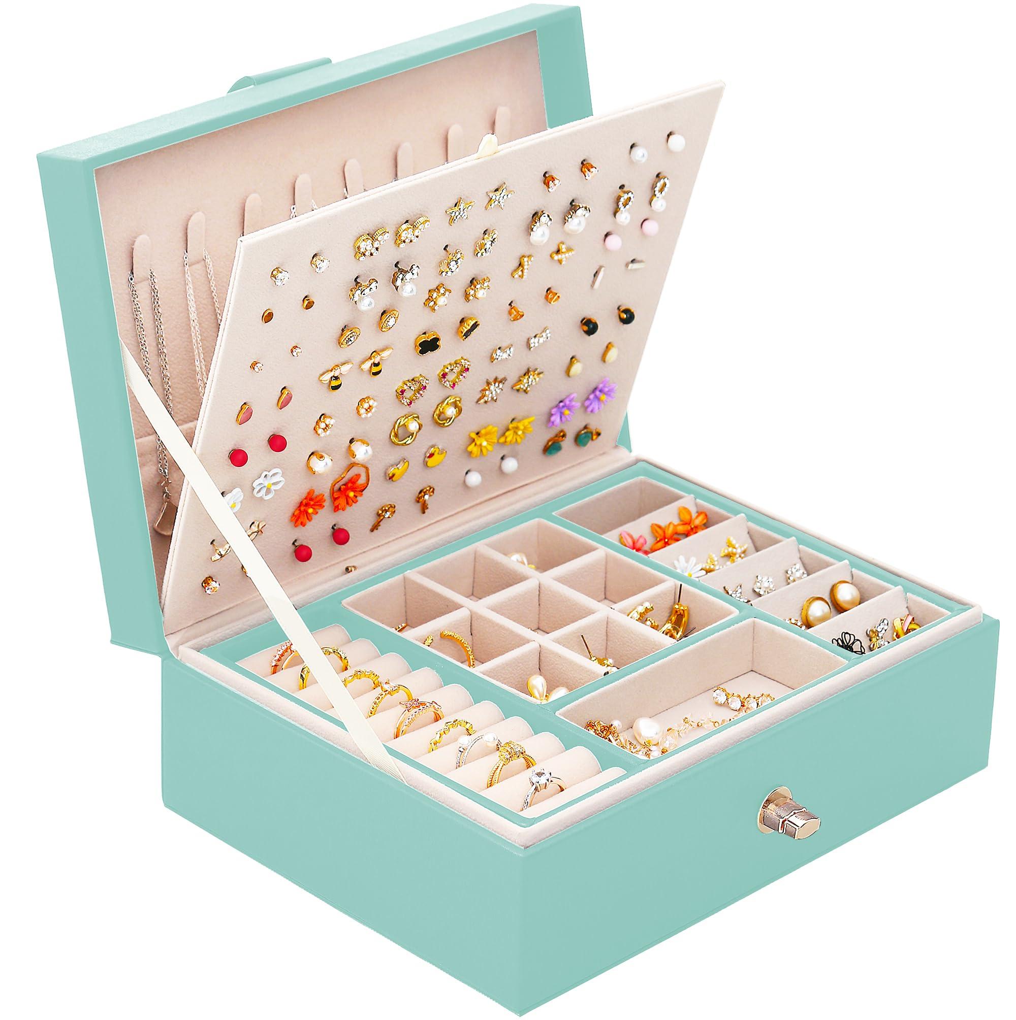 QBestry QBestry Girls Jewelry Box for Earrings Jewelry Organizer Box Teen Girls Earrings Organizer Jewelry Box Earring Holder Organizer Stud Earring Box for Girls Womens Jewelry Case Organizer Teal