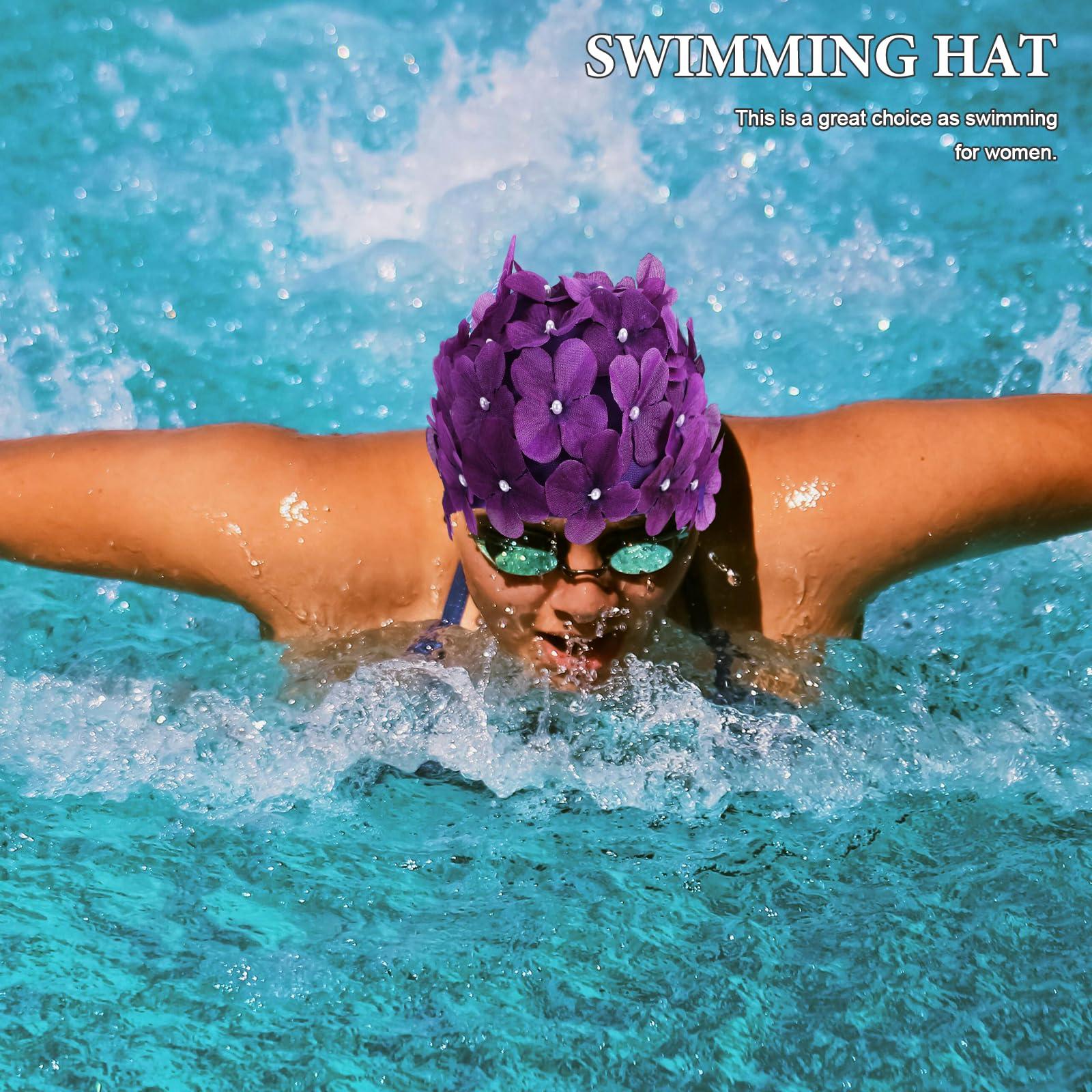 POPETPOP POPETPOP Flower Swim Cap - Floral Retro Swim Cap for Women, Funny for Long, Short Hair, Sport for Swimming Pool, Beach, Vacation(Purple)