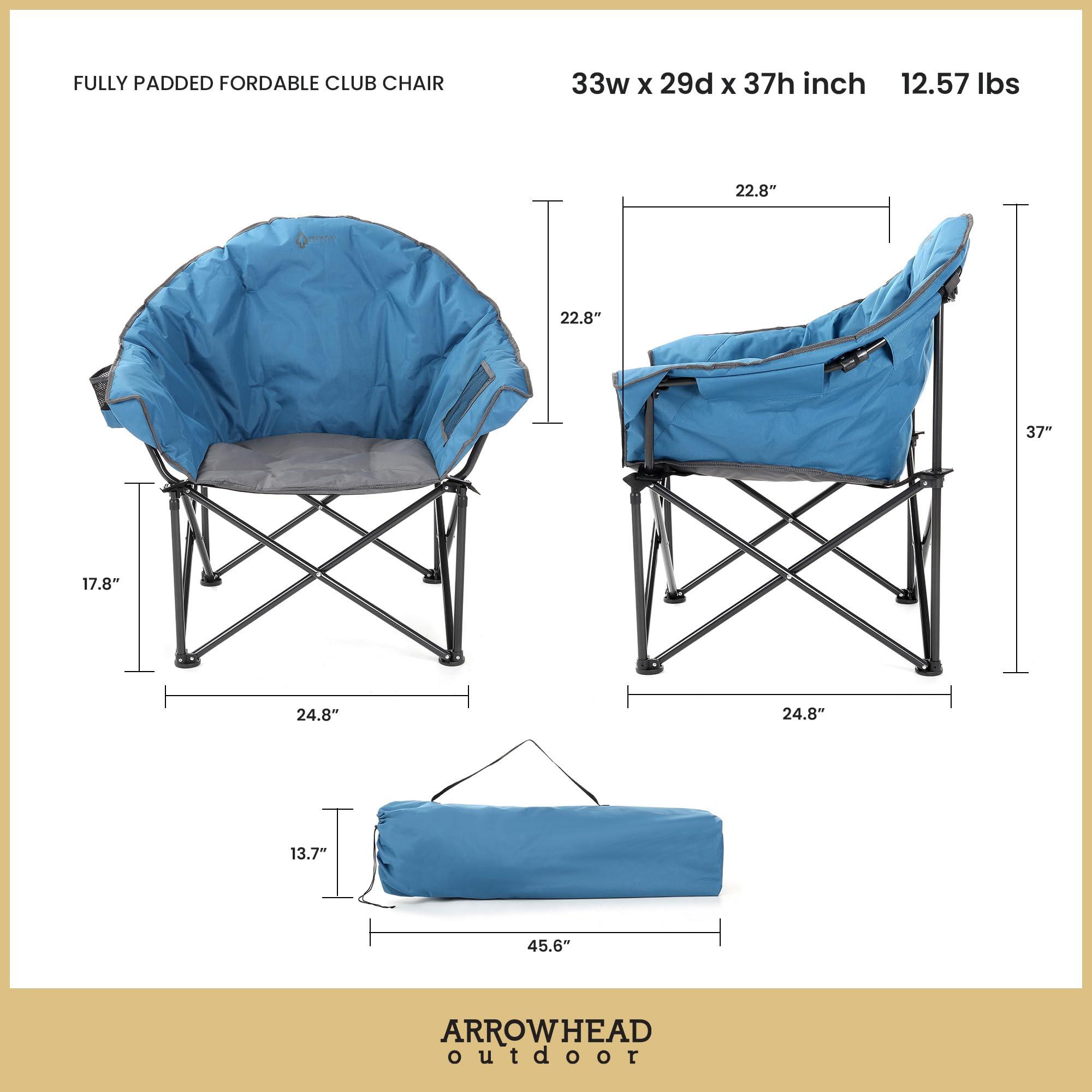 ARROWHEAD OUTDOOR ARROWHEAD OUTDOOR Oversized Heavy-Duty Club Folding Camping Chair w/External Pocket, Cup Holder, Portable, Padded, Moon, Round, Saucer, Supports 330lbs, Carrying Bag, USA-Based Support