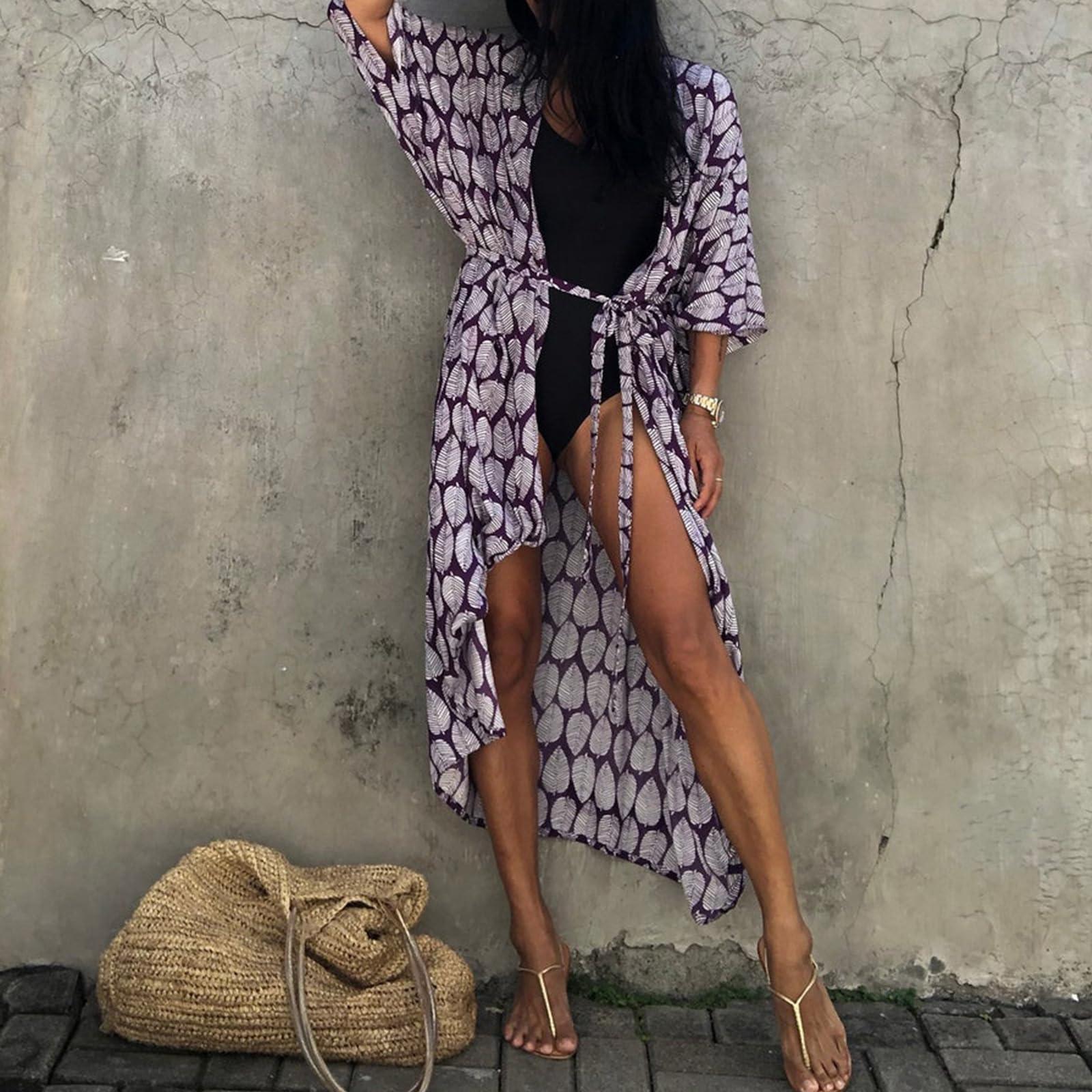 ZHENZQ ZHENZQ Women Swimsuit Printed Cover With Sleeve Long Gown Beach Dress Robe Beachwear Shawl Long Cover-ups Vacation