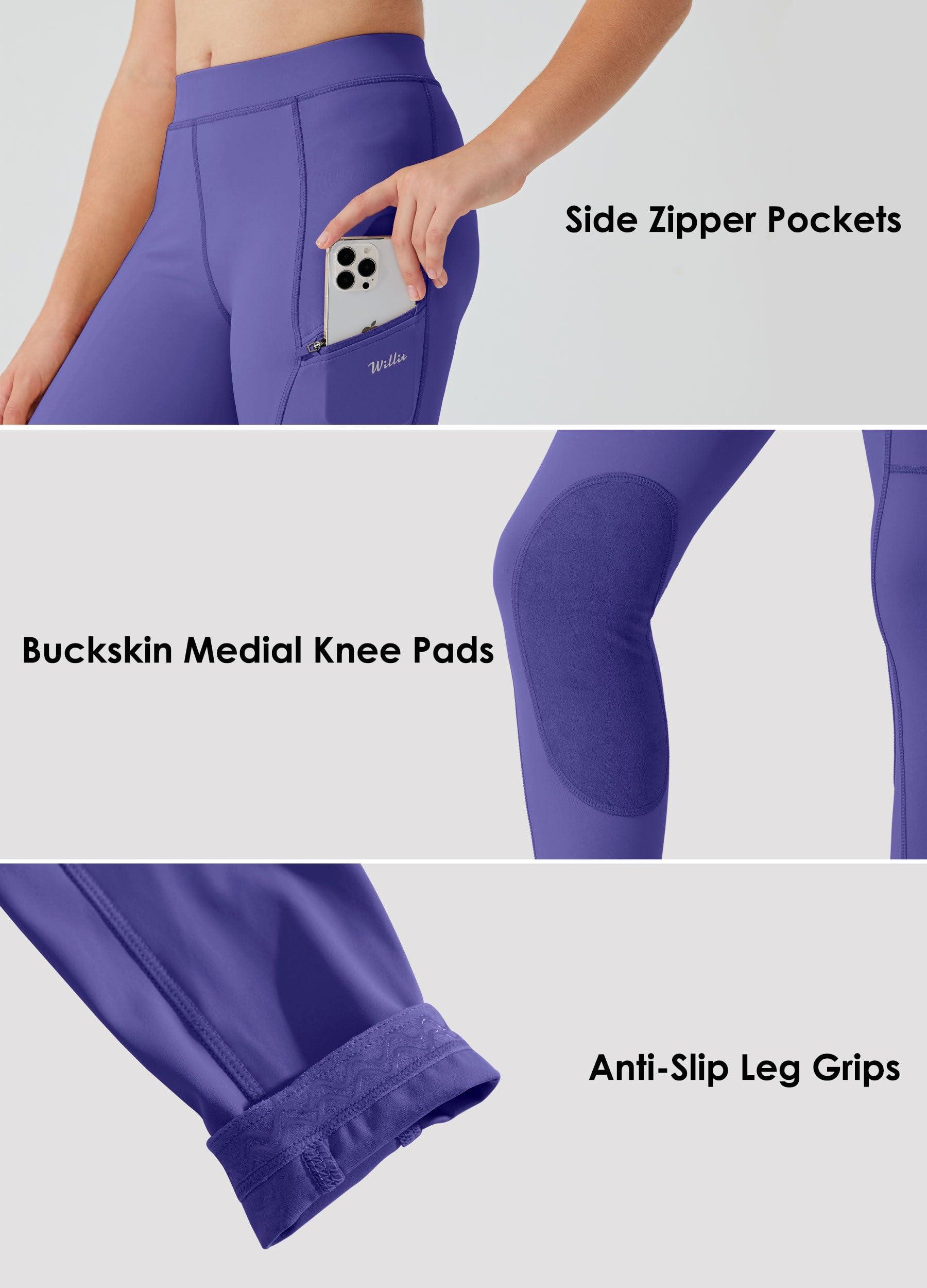 Willit Willit Girls Horse Riding Pants Tights Kids Equestrian Breeches Knee-Patch Youth Schooling Tights Zipper Pockets Purple XS