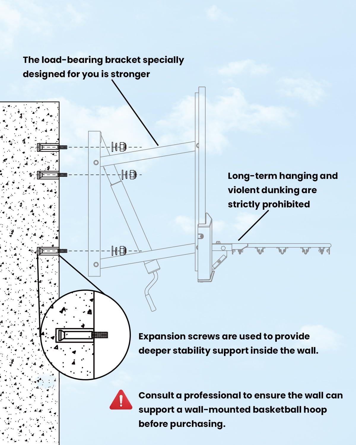 IGL IGL Wall Mount Basketball Hoop, 54in Basketball Hoop Outdoor with Shatterproof Backboard, 7.5ft-10FT Height Adjustable,Heavy Duty Breakaway Rim Combo Fit Most Slanting Roofs