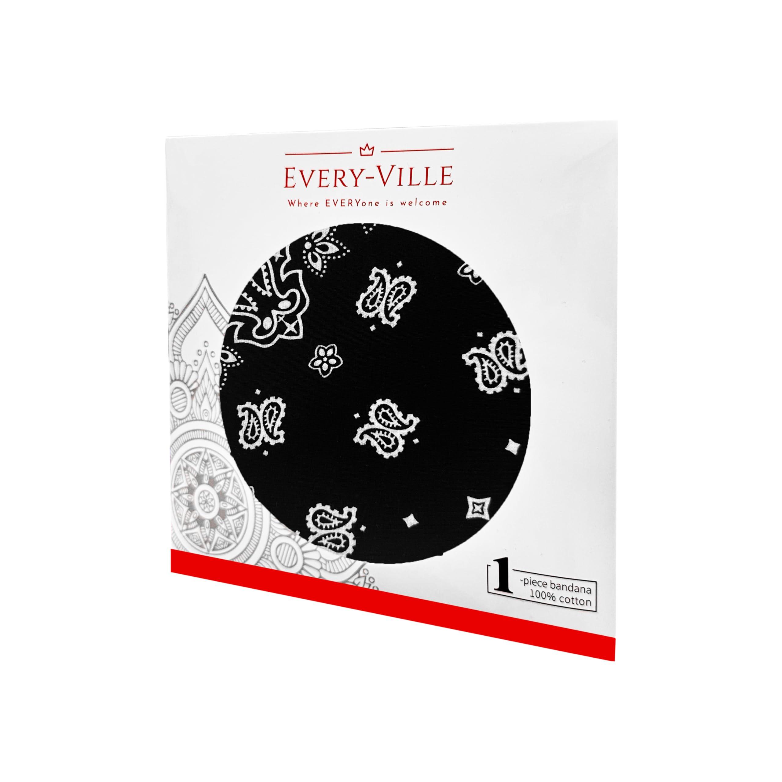 EVERY-VILLE Where EVERYone is Welcome Black Bandana for Men Women- 100% Soft Cotton, Paisley, 22x22 In, 1 Pack - Large Head Bandanna Western Cowboy Handkerchief Scarf