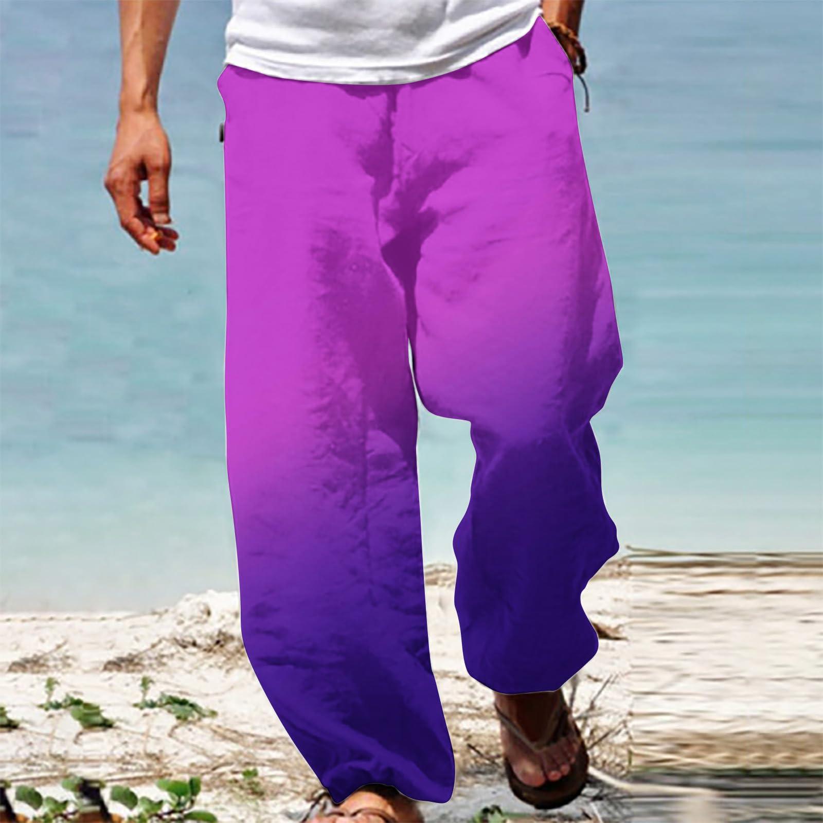 Ctreela Men Trendy Loose Fit Pants Lightweight Beach Pants Summer Fall Drawstring Gradient Sweatpants Ombre Comfy Yoga Pants Purple