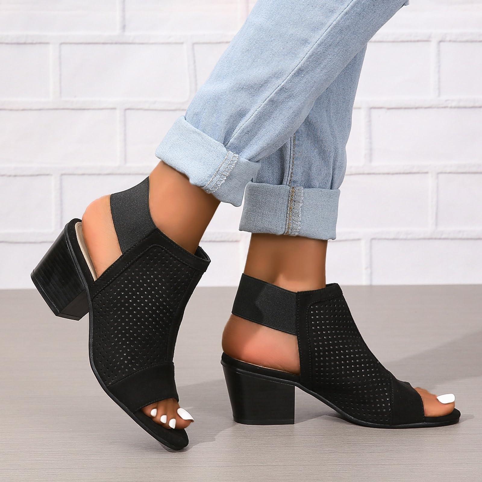 NineFit Basics Women Peep Toe Booties Open Toe Boots Cutout Ankle Strap Mid Black Chunky Heel Block Sandals