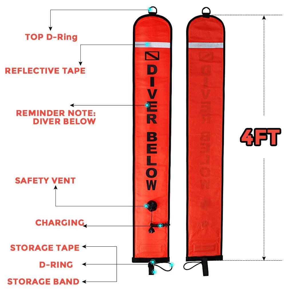 Seafard 4ft Red Scuba Diving SMB, Open Bottom Surface Marker Buoy with Safety Sausage with 49ft Alloy Dive Reel and Double-Ended Bolt Clip for Underwater Sports-Gray