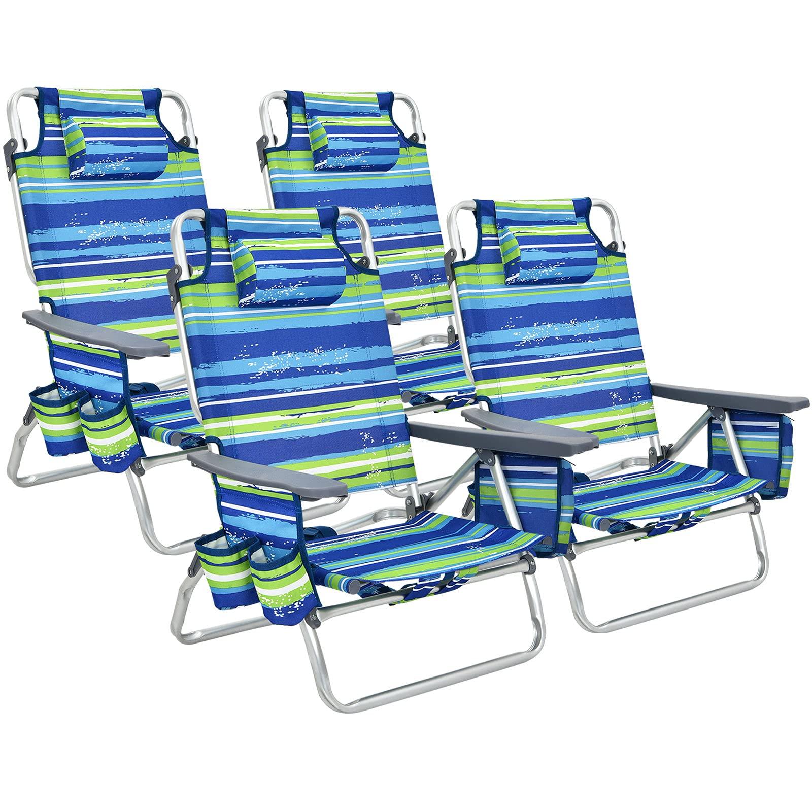 Giantex Giantex Beach Chair 4-Pack Sling Camping Chair, Sunbathing Chairs with 5 Adjustable Position, Head Pillow, Storage Bag, Towel Bar, Cup Holders, Folding Fishing Backpack Lawn Chairs