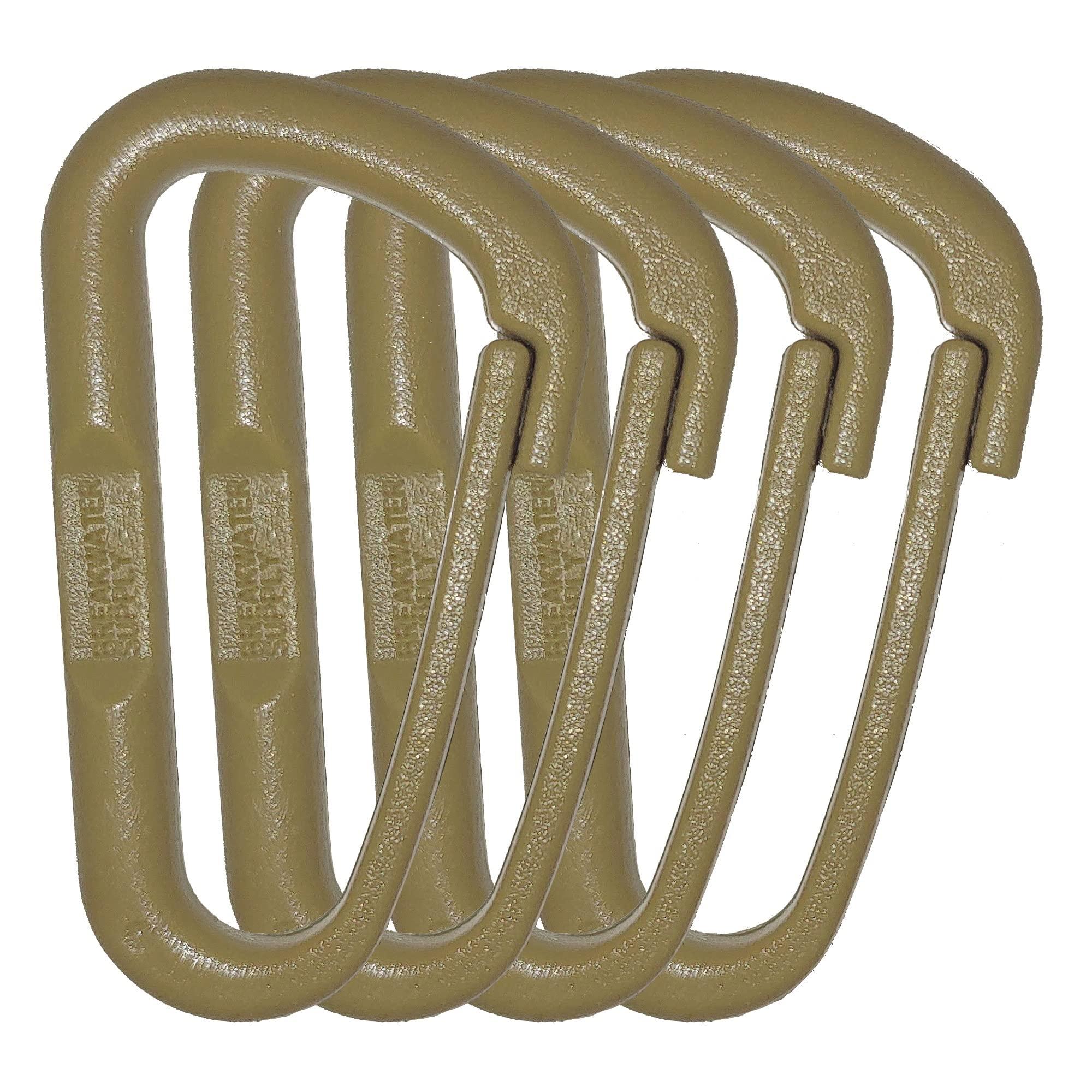 Breakwater Supply Breakwater Supply Hingeless Carabiner Hooks 4 Pack, Small 2-inch Gear Attachment Clips for Backpack, Keys, Keychain, Water Bottle, MOLLE, Ultralight, Tactical, D-Ring, Non-Corrosive, D-Shape (Tan)