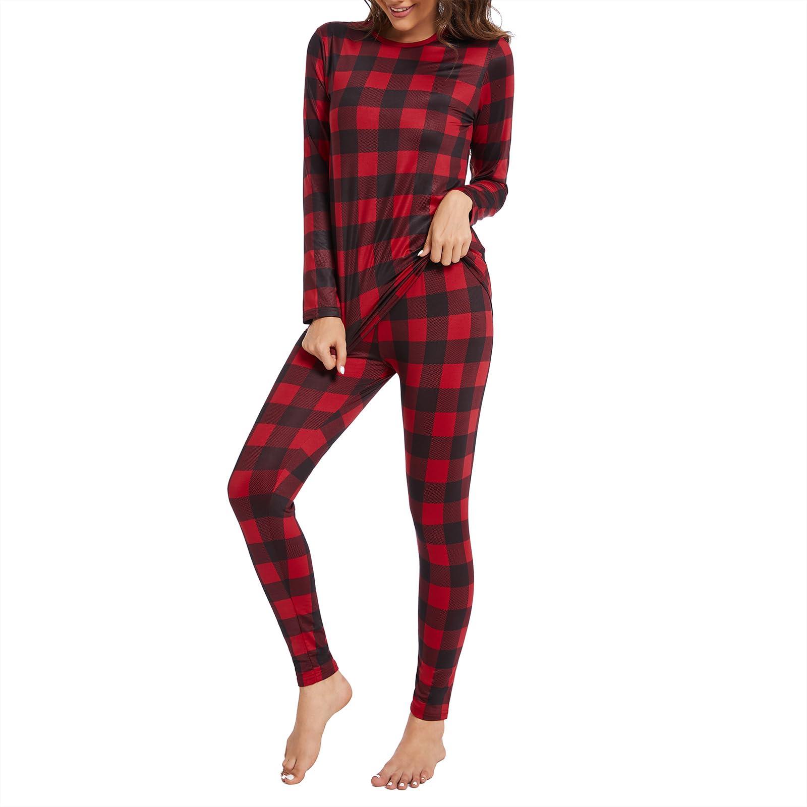 American Trends Thermal Underwear for Women Long Johns Fleece Lined Base Layer Top and Bottom Thermals Sets Long Underwear Women Winter Clothes Red Lattice Large