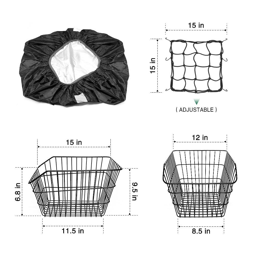 ANZOME ANZOME Rear Bike Basket, Waterproof Metal Wire Bicycle Basket with Adjustable Cargo Net and Waterproof Rainproof Cover Fits to Most Rear Bike Racks (Large)