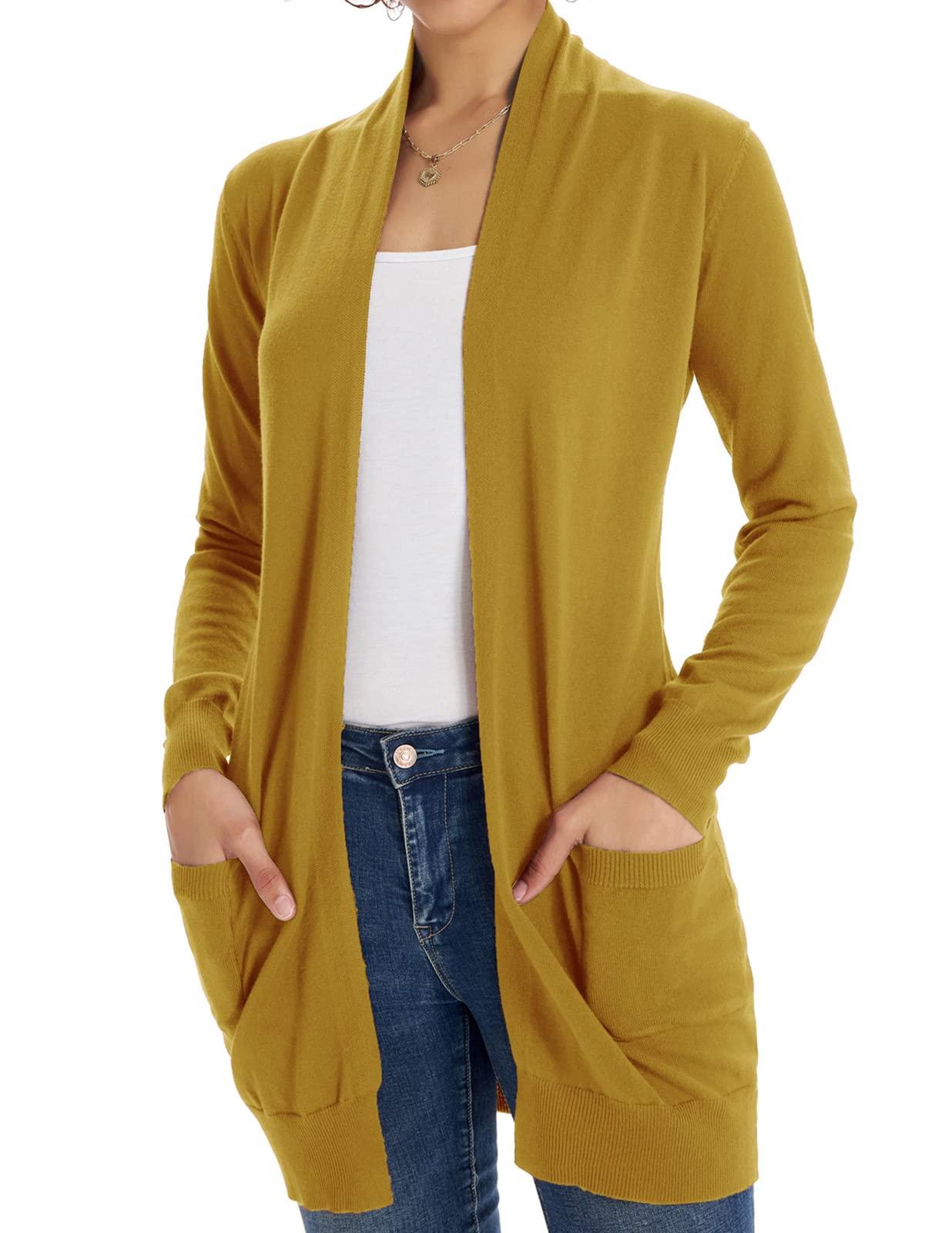 GRACE KARIN Womens Lightweight Sweater Cardigan Long Sleeve with Pockets Mustard L