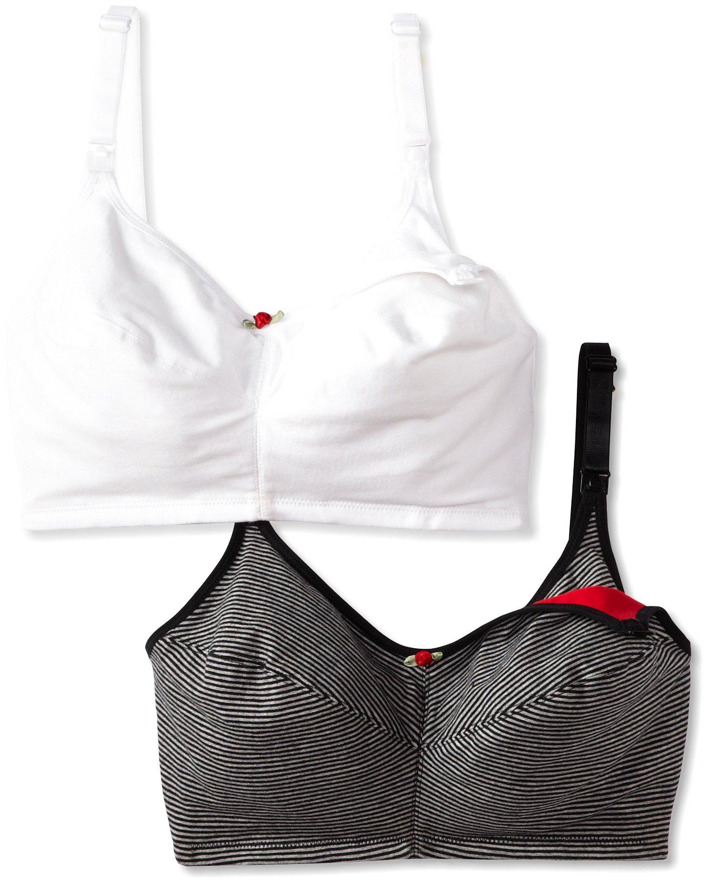 LEADING LADY Leading Lady Women's Nursing Bra Wireless Cotton (2-Pack), White/Gray Stripe, 44C