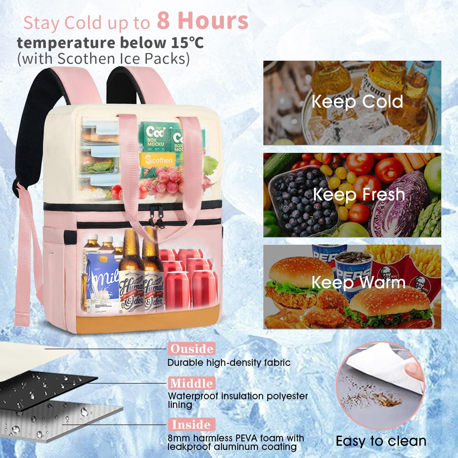 Scothen Scothen Backpack Cooler with Double Decker & 12 Ice Packs- Keeps 36 Cans Cold for Up to 8 Hours- Waterproof & Leak Proof Insulated Cooler Backpack- Stylish Cooler Bookbag for Women Travel Work Beach