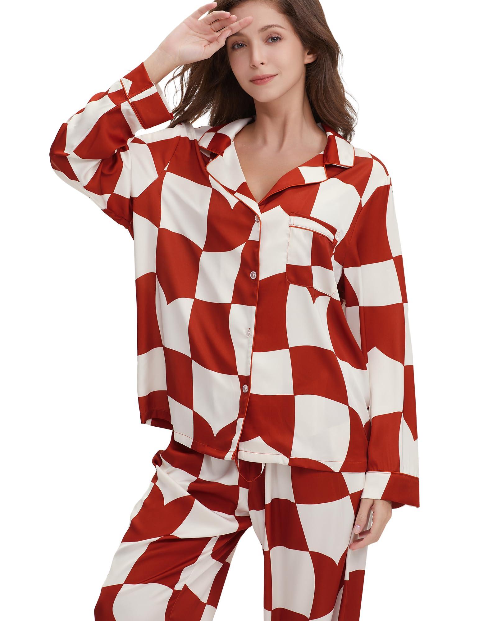 YiNi LuLu YiNi LuLu Womens Silk Satin Pajamas Set Button Down 2 Piece Pjs Set For Women Long Sleeve Oversized Sleepwear with Pockets Red Plaid